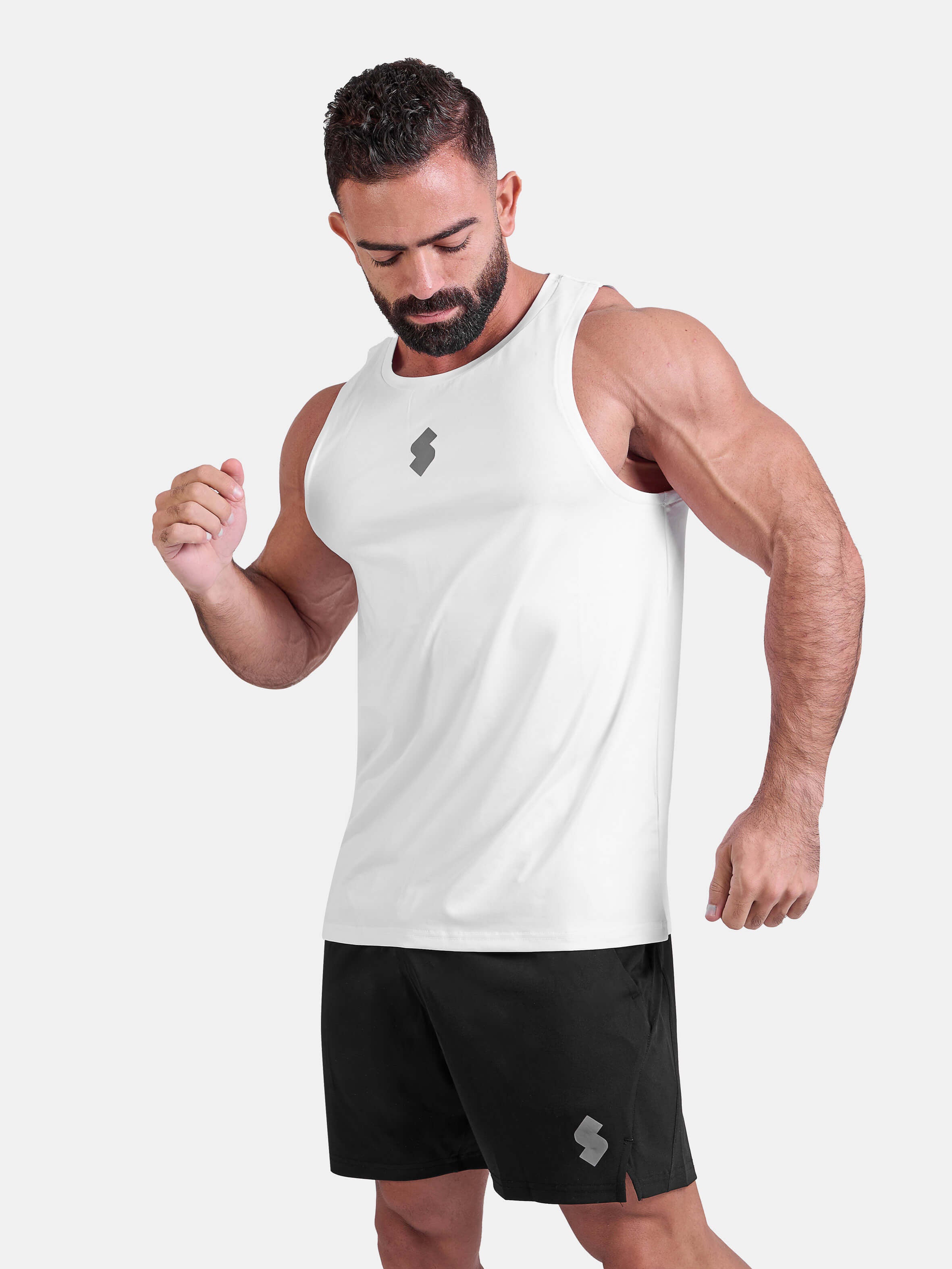 Man wearing white sports & gym tank top by KAF