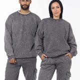 Unisex Acid Washed Crew-Neck Sweatshirt - Gray