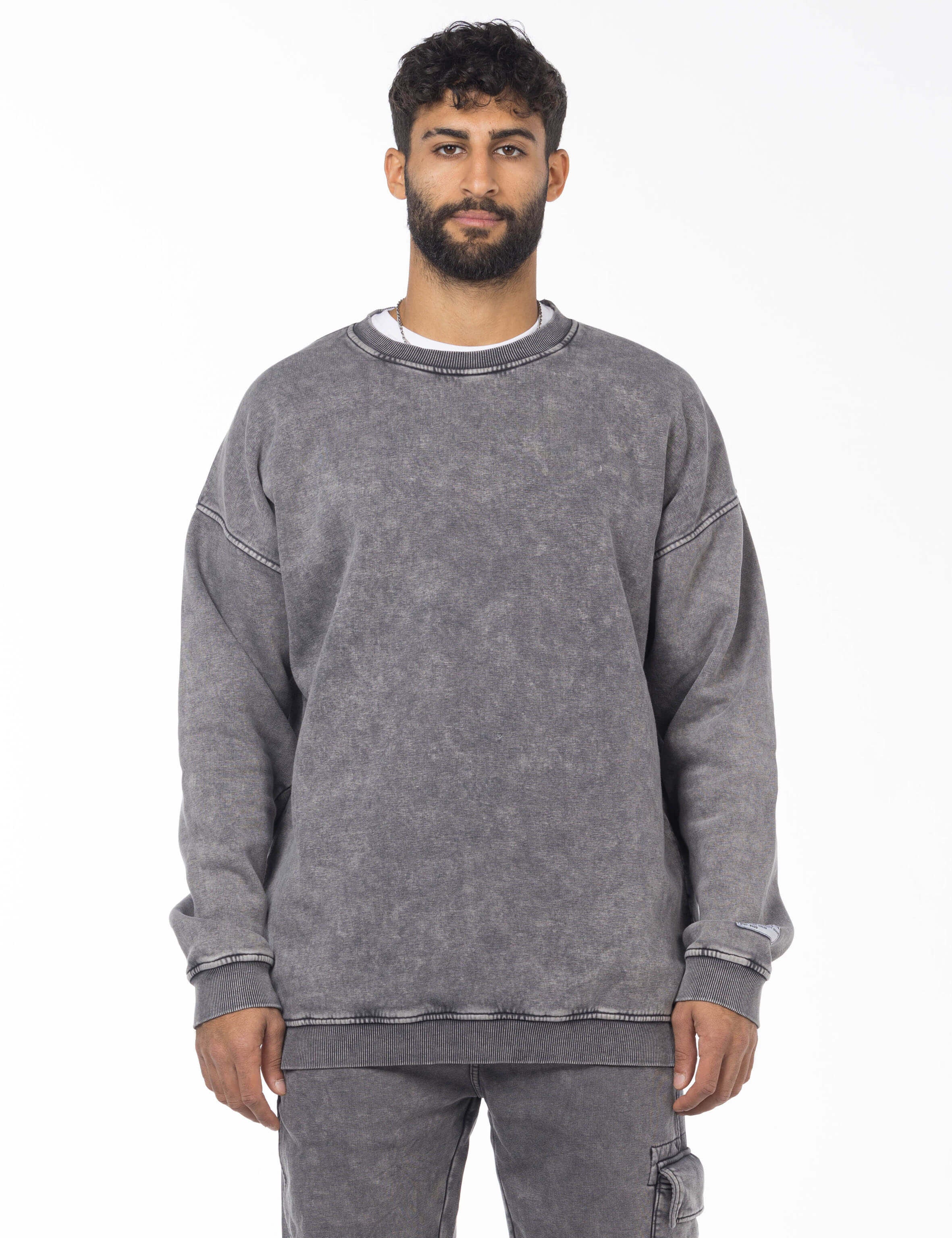 Unisex Acid Washed Crew-Neck Sweatshirt - Gray