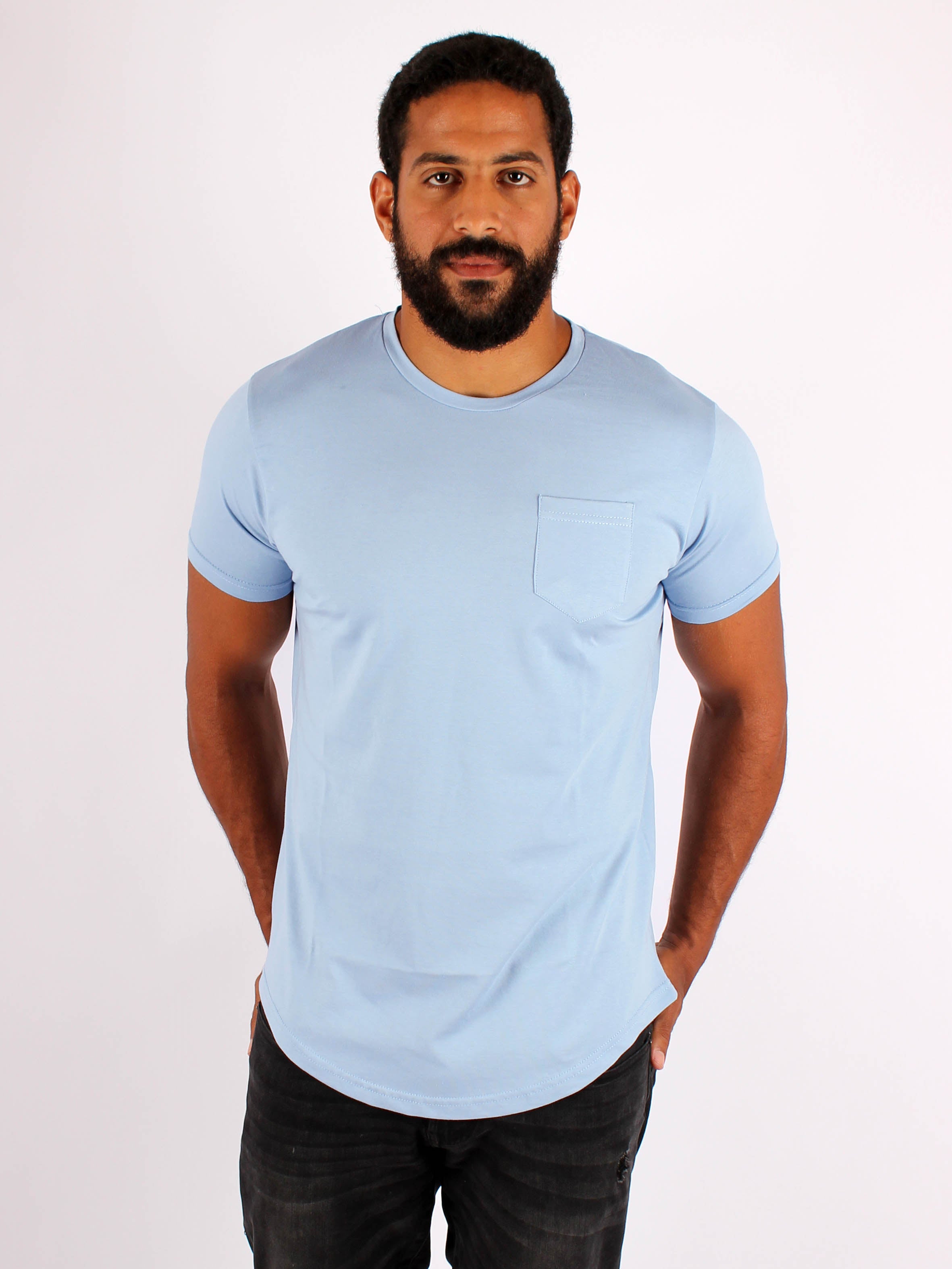 Men Curved Hem Pocket Cotton T-Shirt
