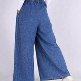 Women Super Wide-Leg Denim Pants - Blue