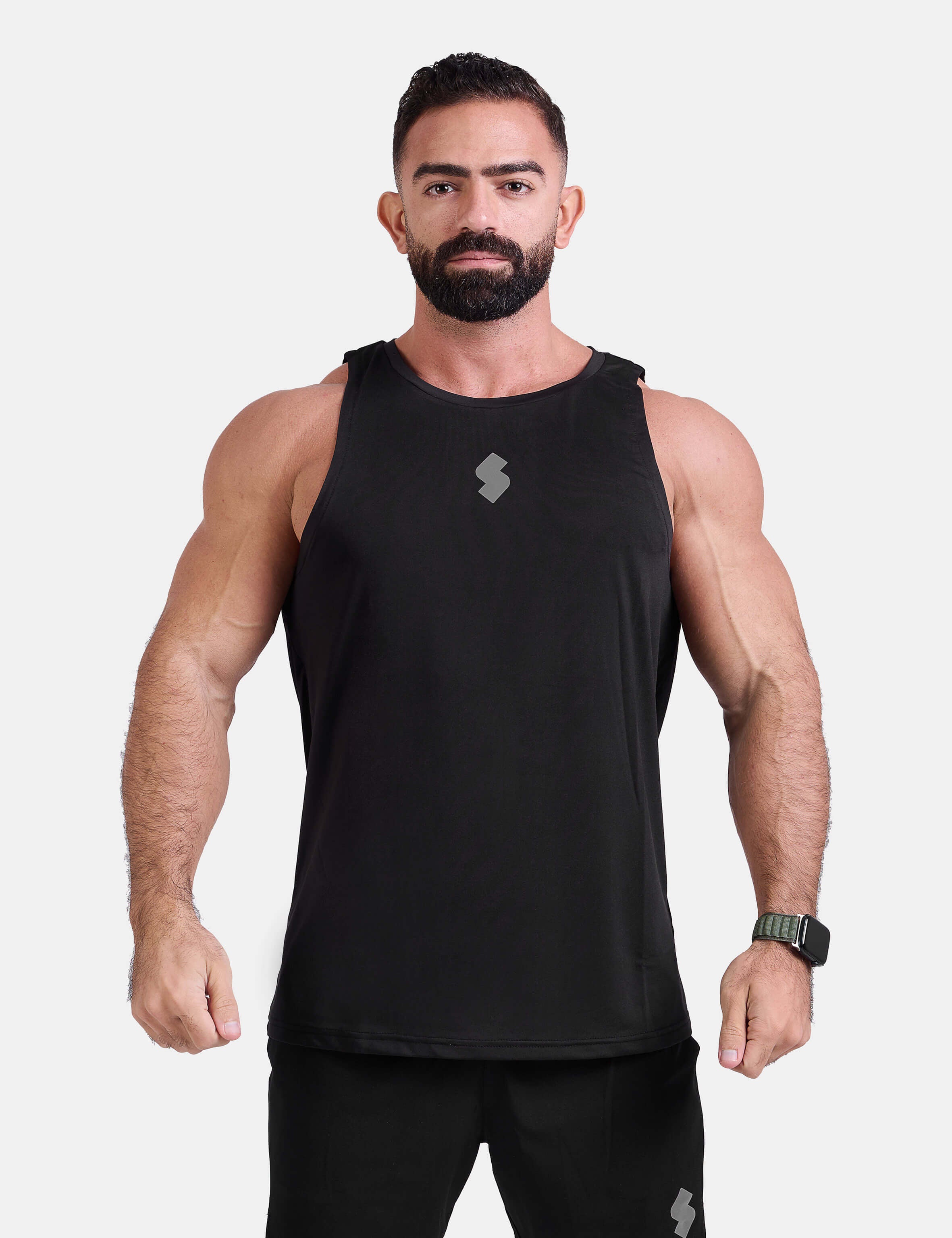 Man wearing black sports & gym tank top by KAF 