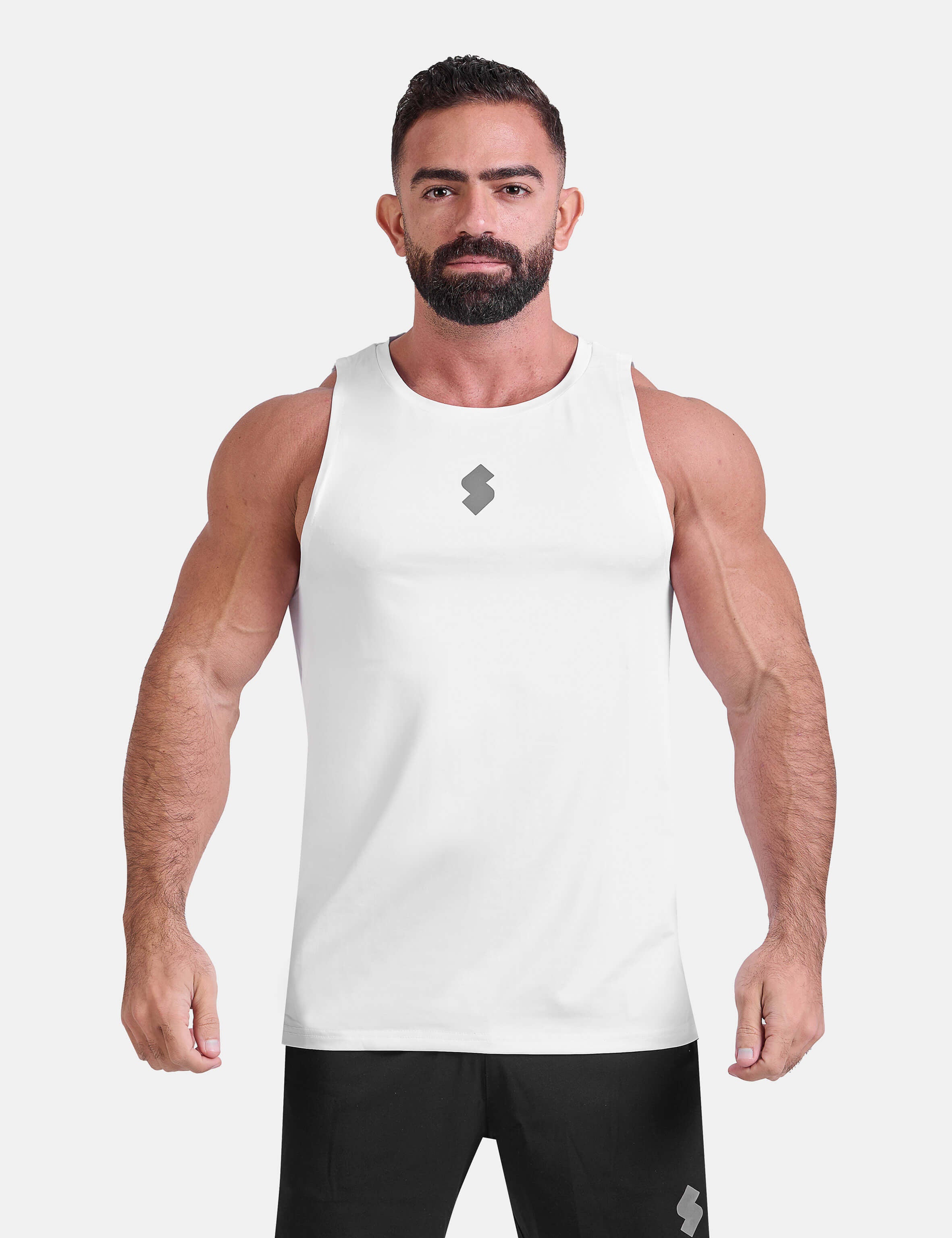 Man wearing white sports & gym tank top by KAF 