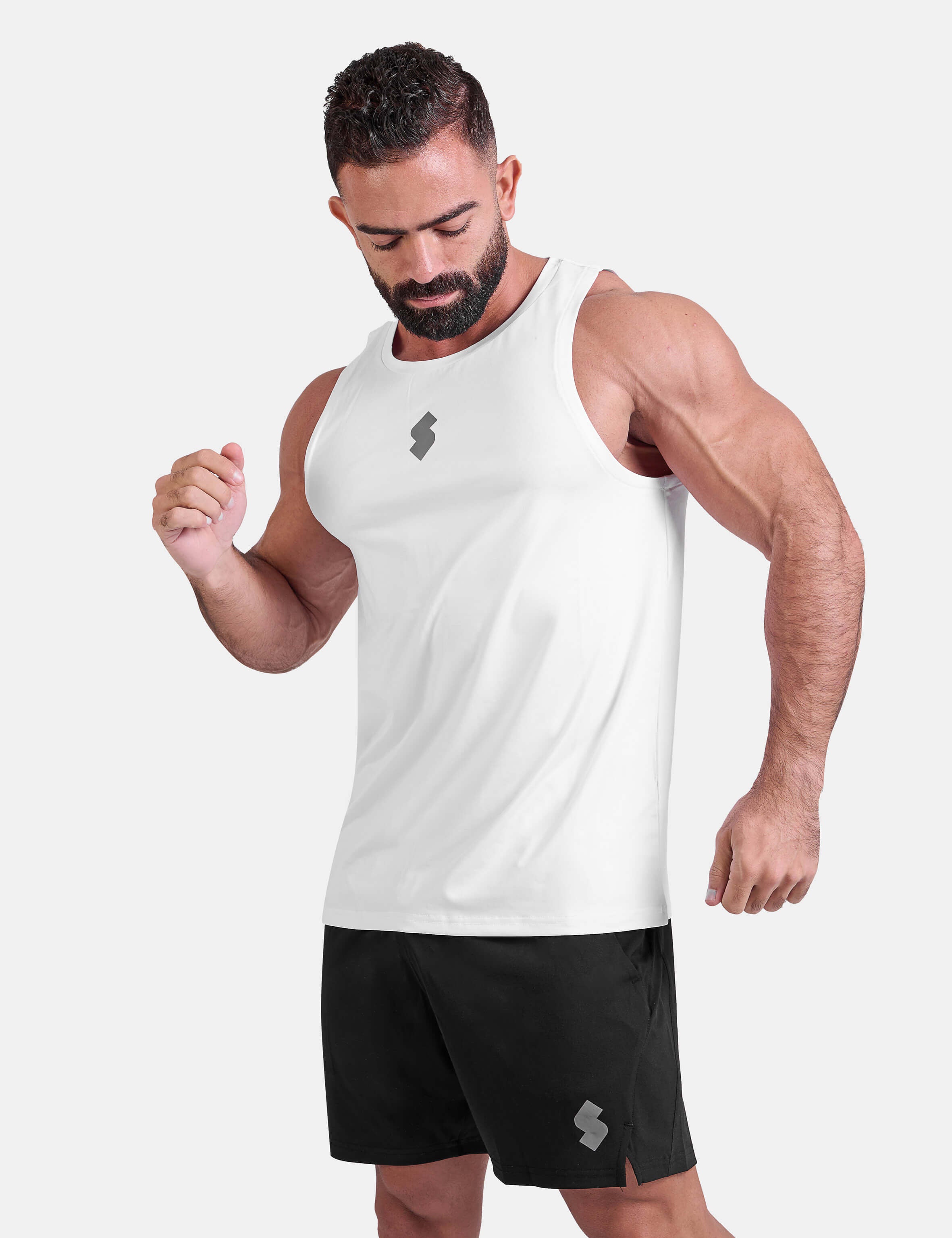 Man wearing white sports & gym tank top by KAF 