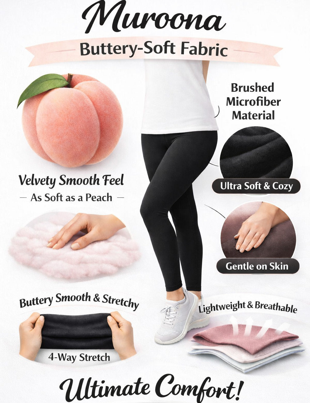 Promotional image of Muroona leggings with buttery-soft fabric properties highlighted.