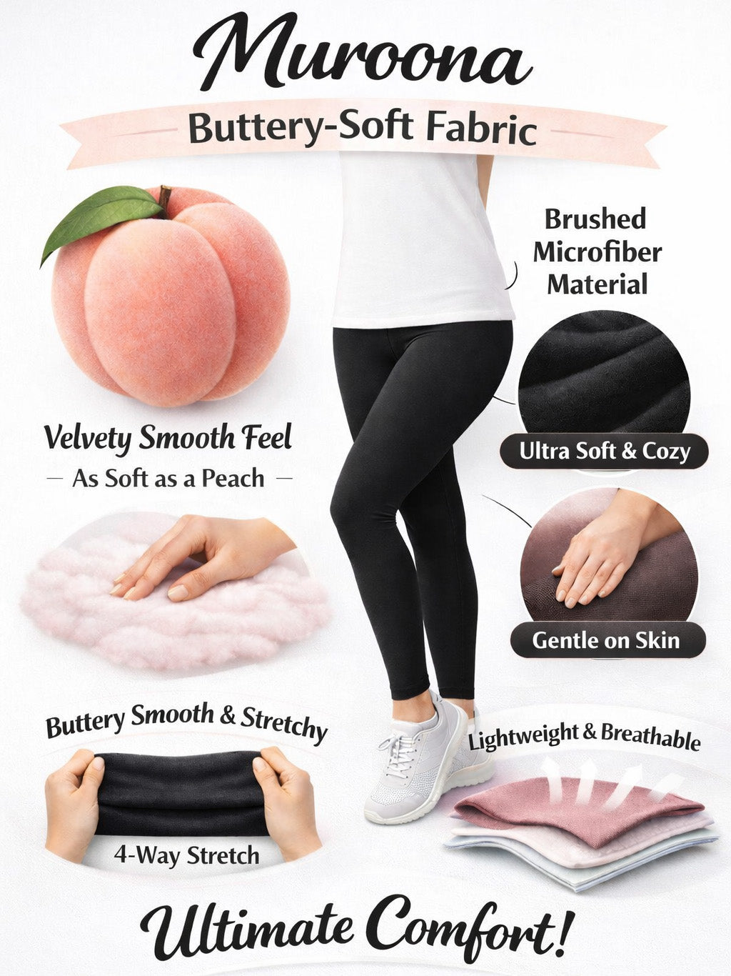 Promotional image of Muroona leggings with buttery-soft fabric properties highlighted.