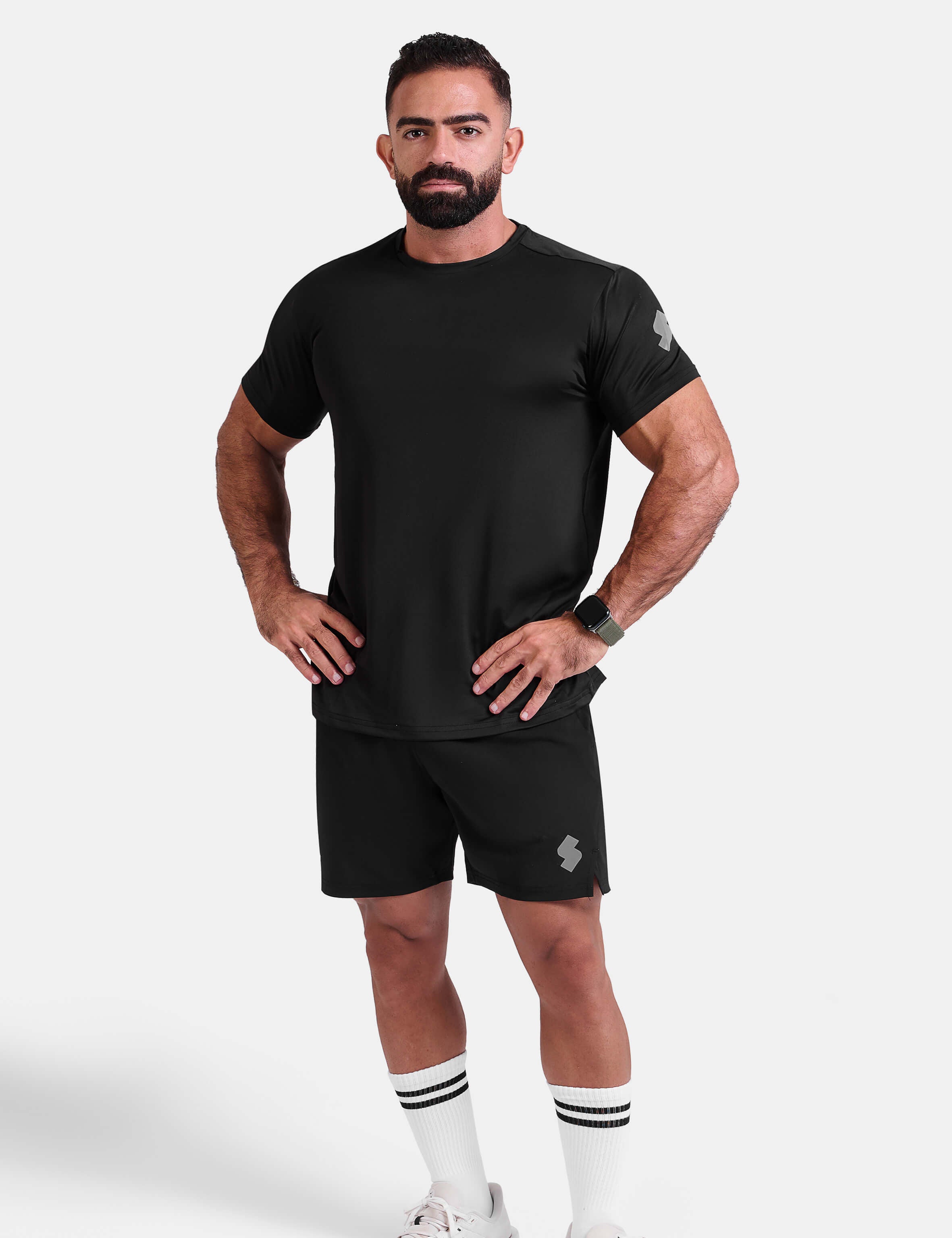 Black 5 inch sports shorts by KAF