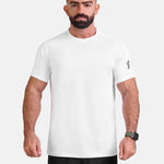 Man wearing white sports - gym - padel t-shirt by KAF Egypt