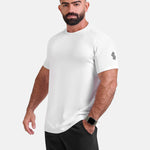 Man wearing white sports - gym - padel t-shirt by KAF Egypt