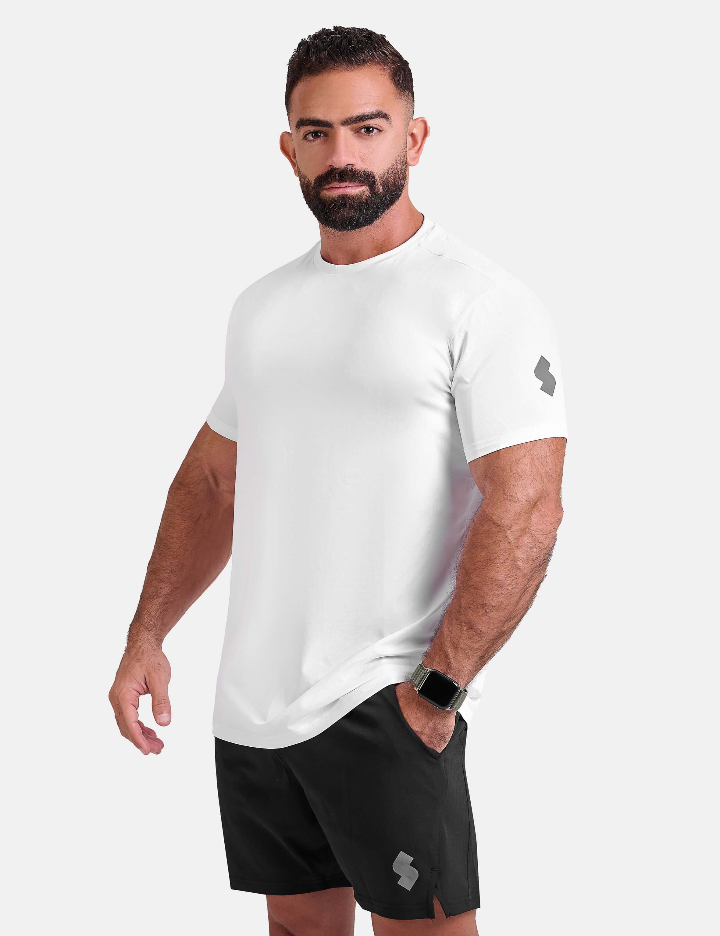 Man wearing white sports - gym - padel t-shirt by KAF Egypt