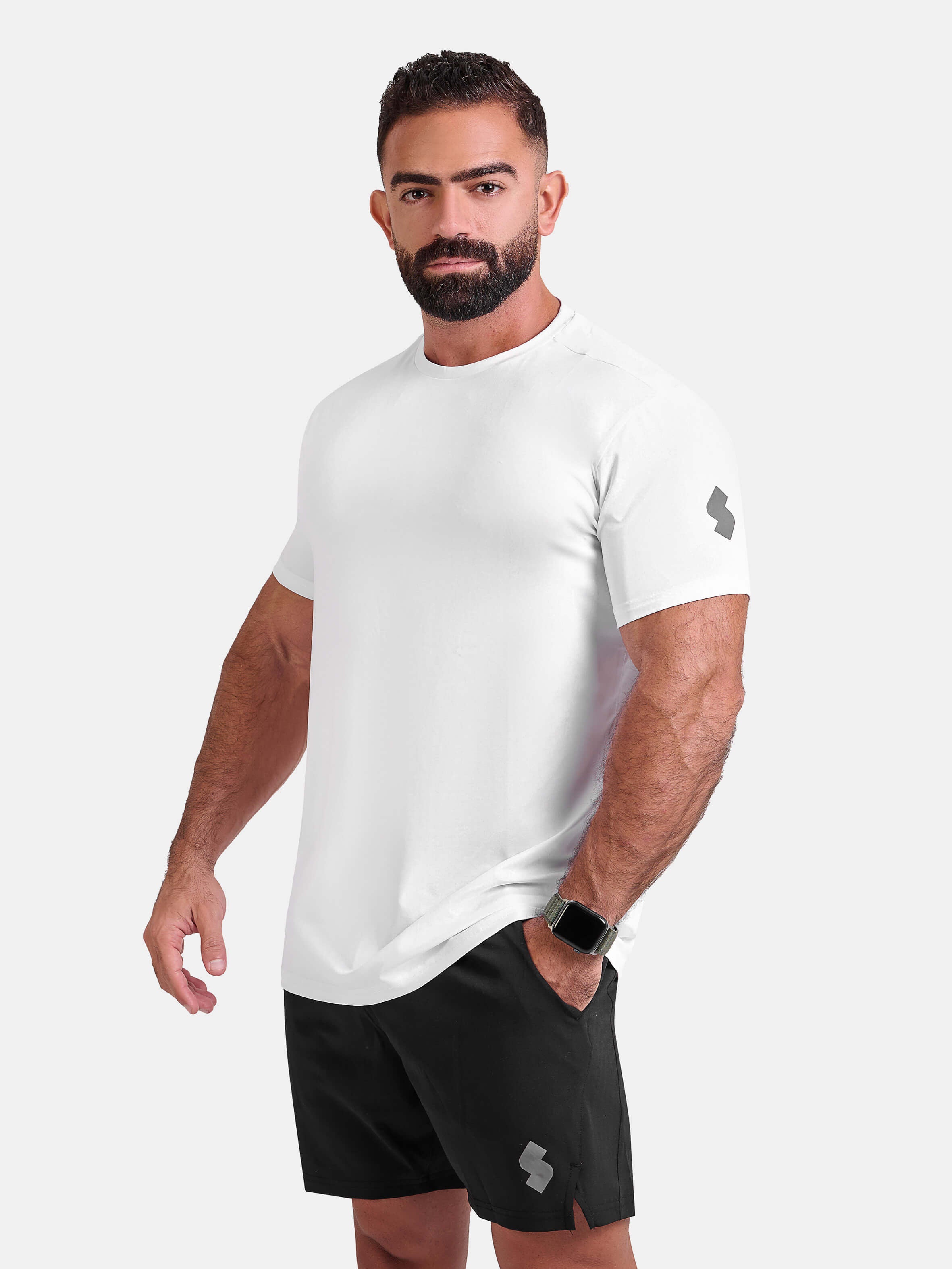Man wearing white sports - gym - padel t-shirt by KAF Egypt