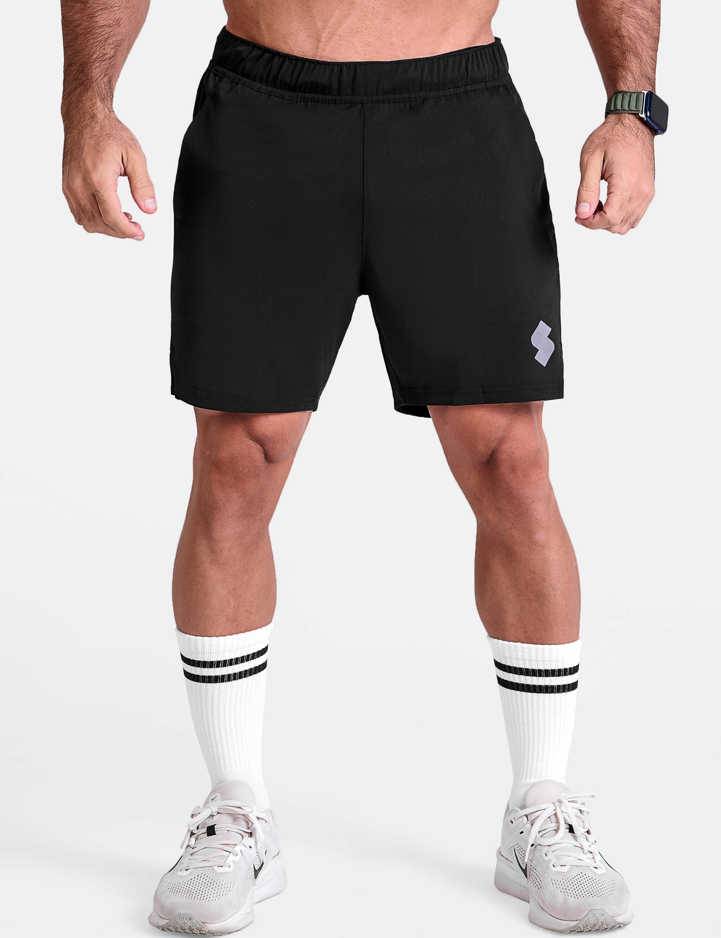 Black 5 inch sports shorts by KAF