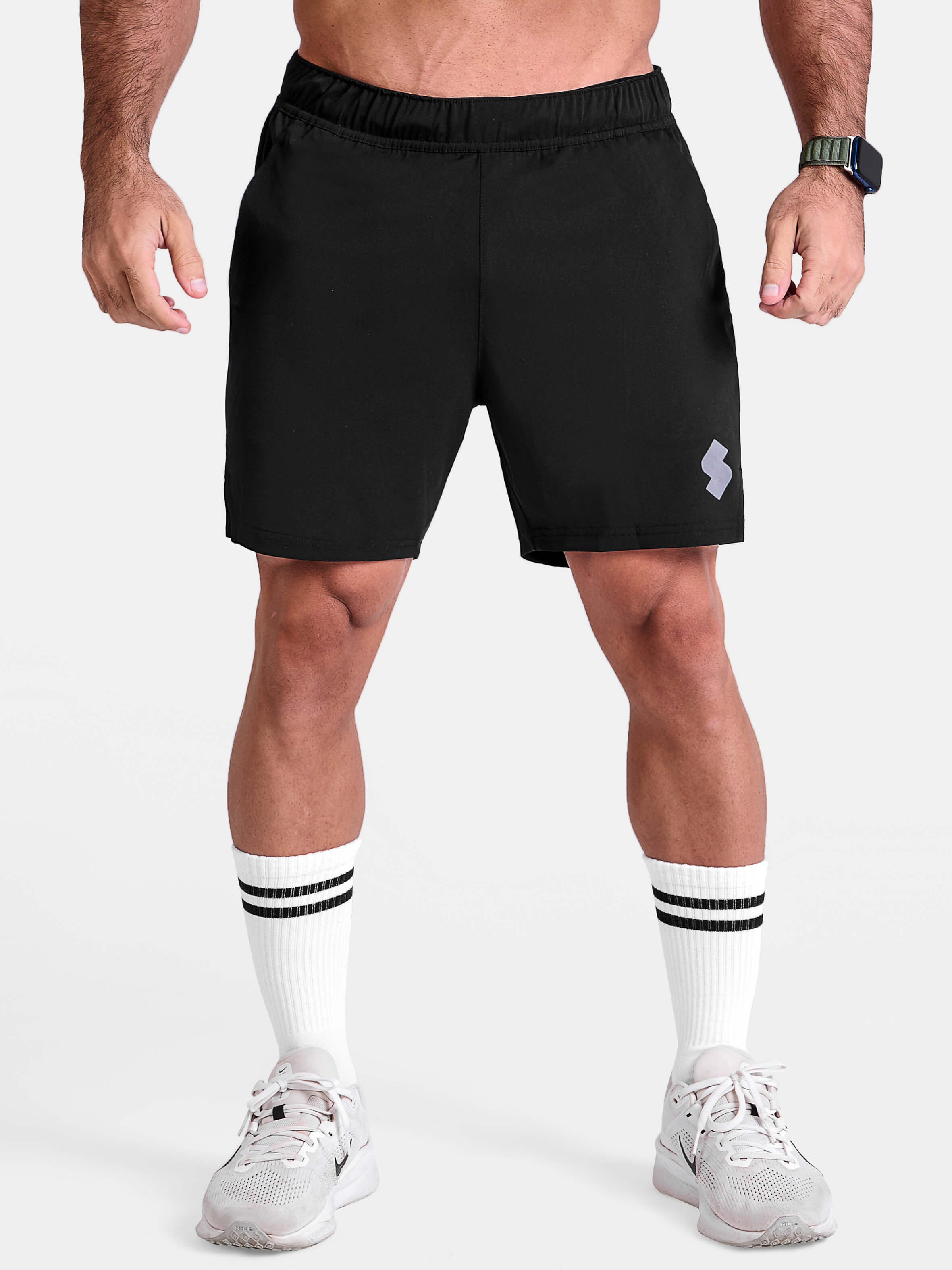 Black 5 inch sports shorts by KAF