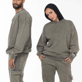 Unisex Acid Washed Crew-Neck Sweatshirt - Olive
