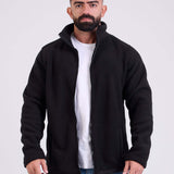 Man wearing a black fleece jacket by KAF on a white background. Made in Egypt