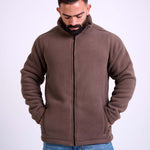 Man wearing a brown fleece jacket by KAF on a white background. Made in Egypt
