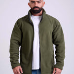 Man wearing a olive fleece jacket by KAF on a white background