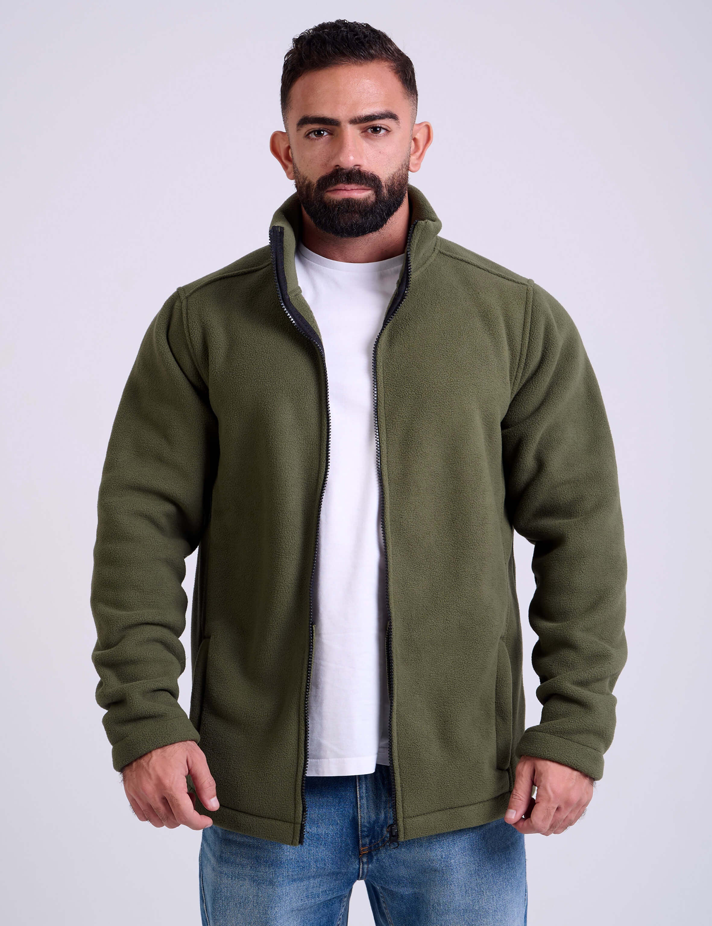 Man wearing a olive fleece jacket by KAF on a white background