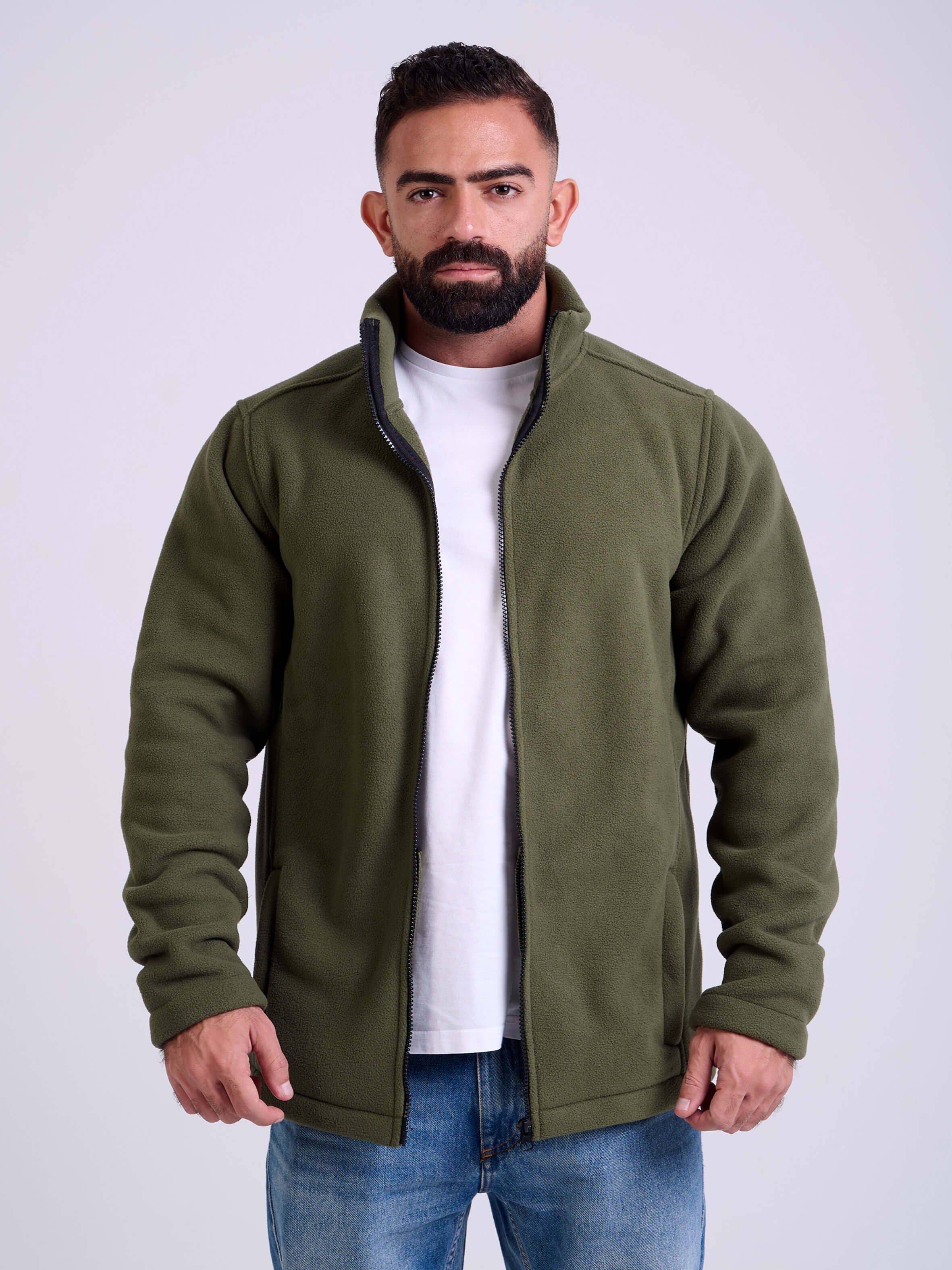 Man wearing a olive fleece jacket by KAF on a white background