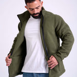 Man wearing a olive fleece jacket by KAF on a white background. Made in Egypt