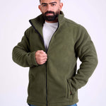 Man wearing a olive fleece jacket by KAF on a white background. Made in Egypt