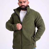 Man wearing a olive fleece jacket by KAF on a white background. Made in Egypt