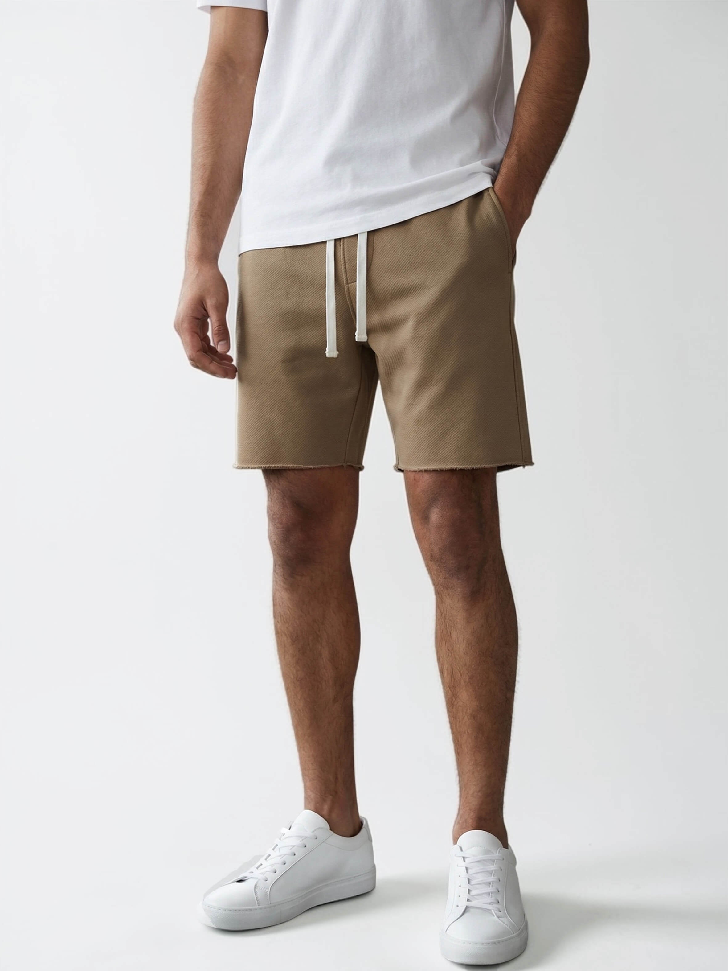 Man wearing cotton beige sweatshorts by KAF