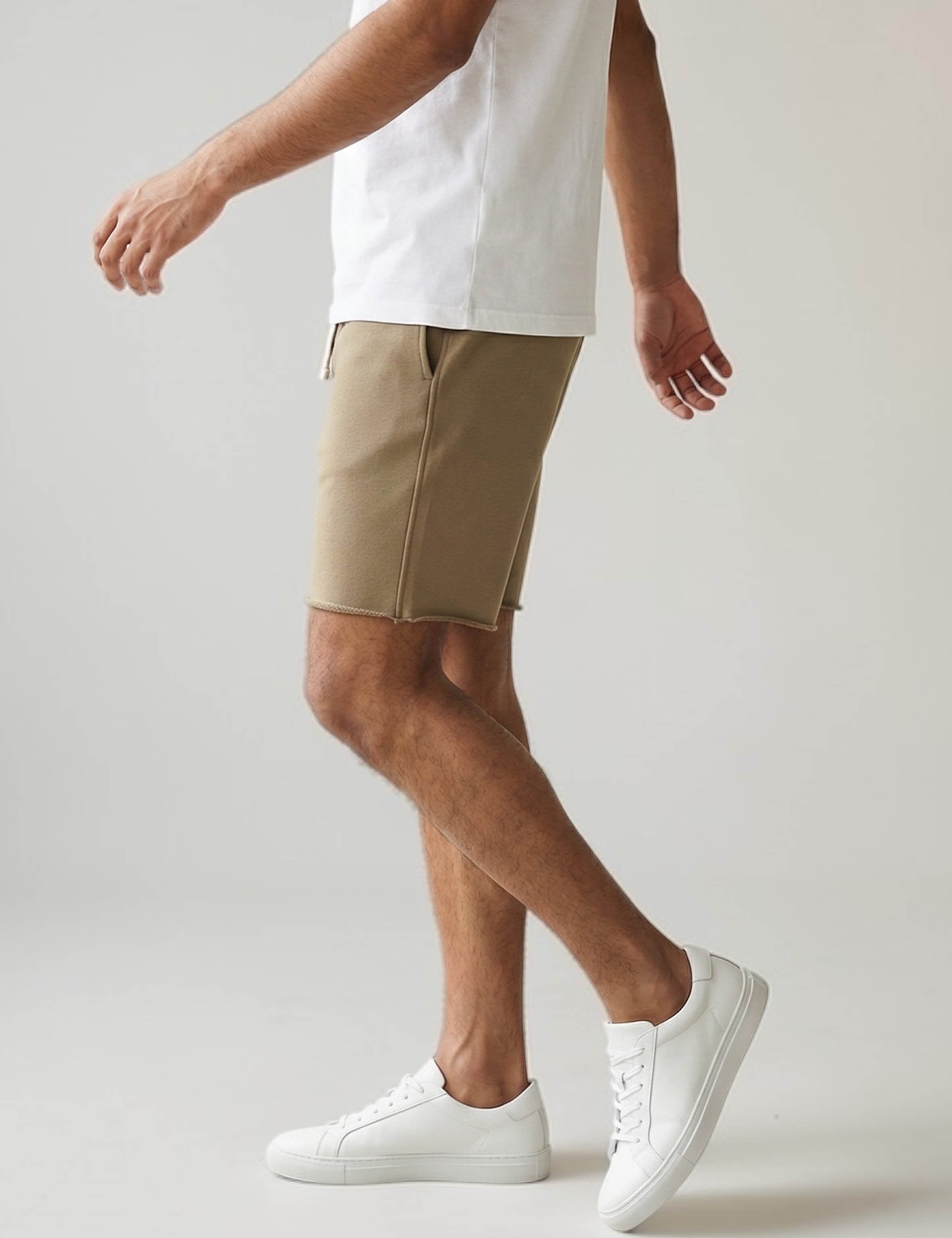 Man wearing cotton beige sweatshorts by KAF