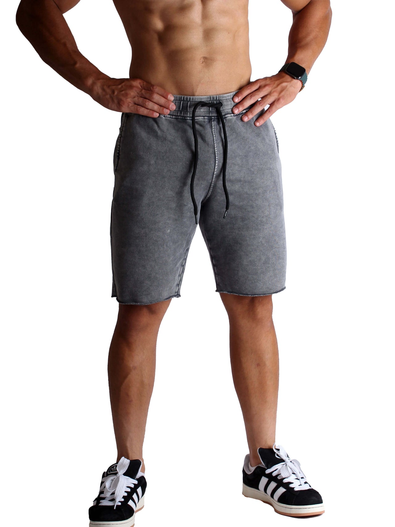 Acid Washed Raw-Edge Sweatshorts - Gray