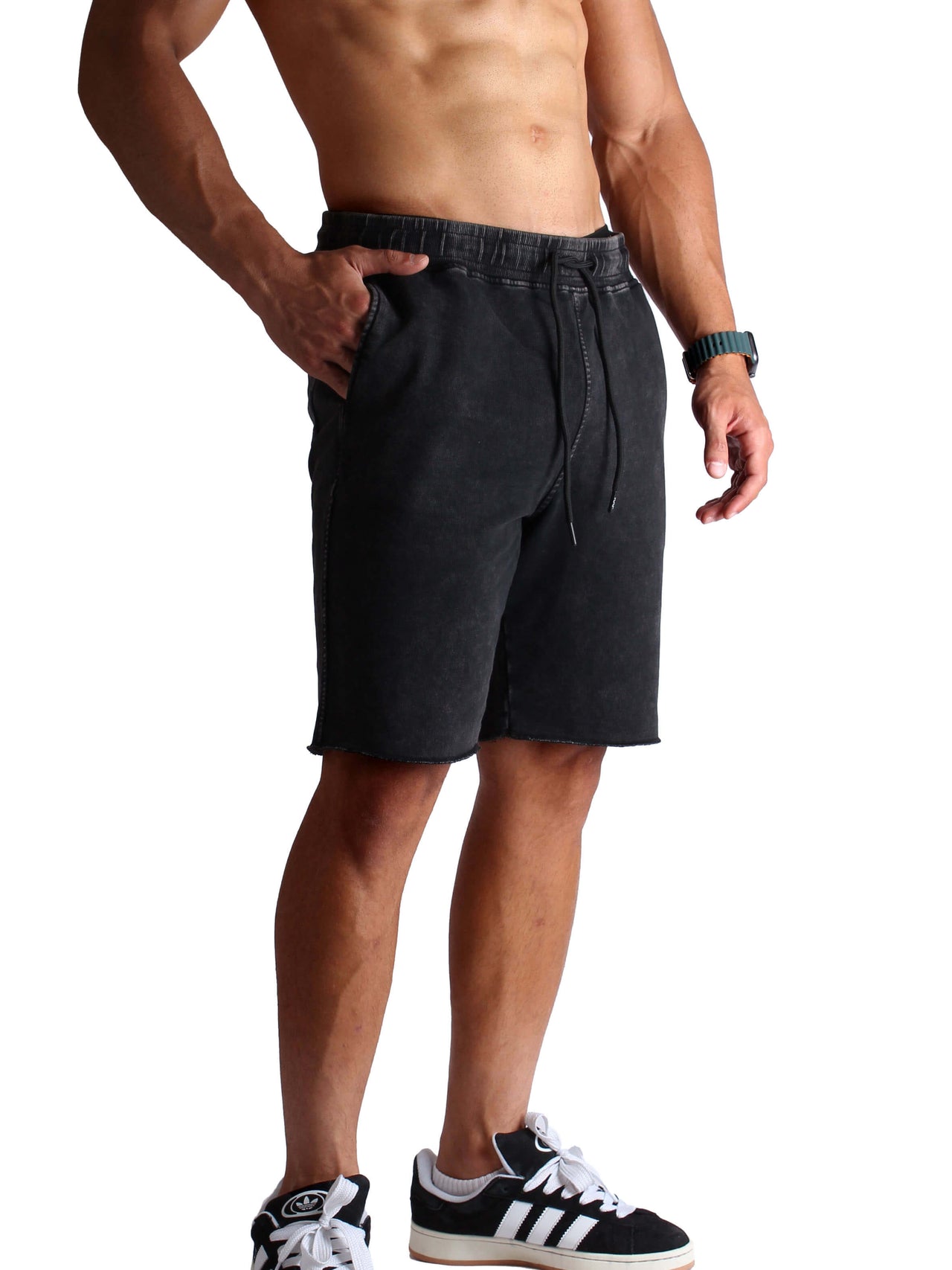 Acid Washed Raw-Edge Sweatshorts - Black