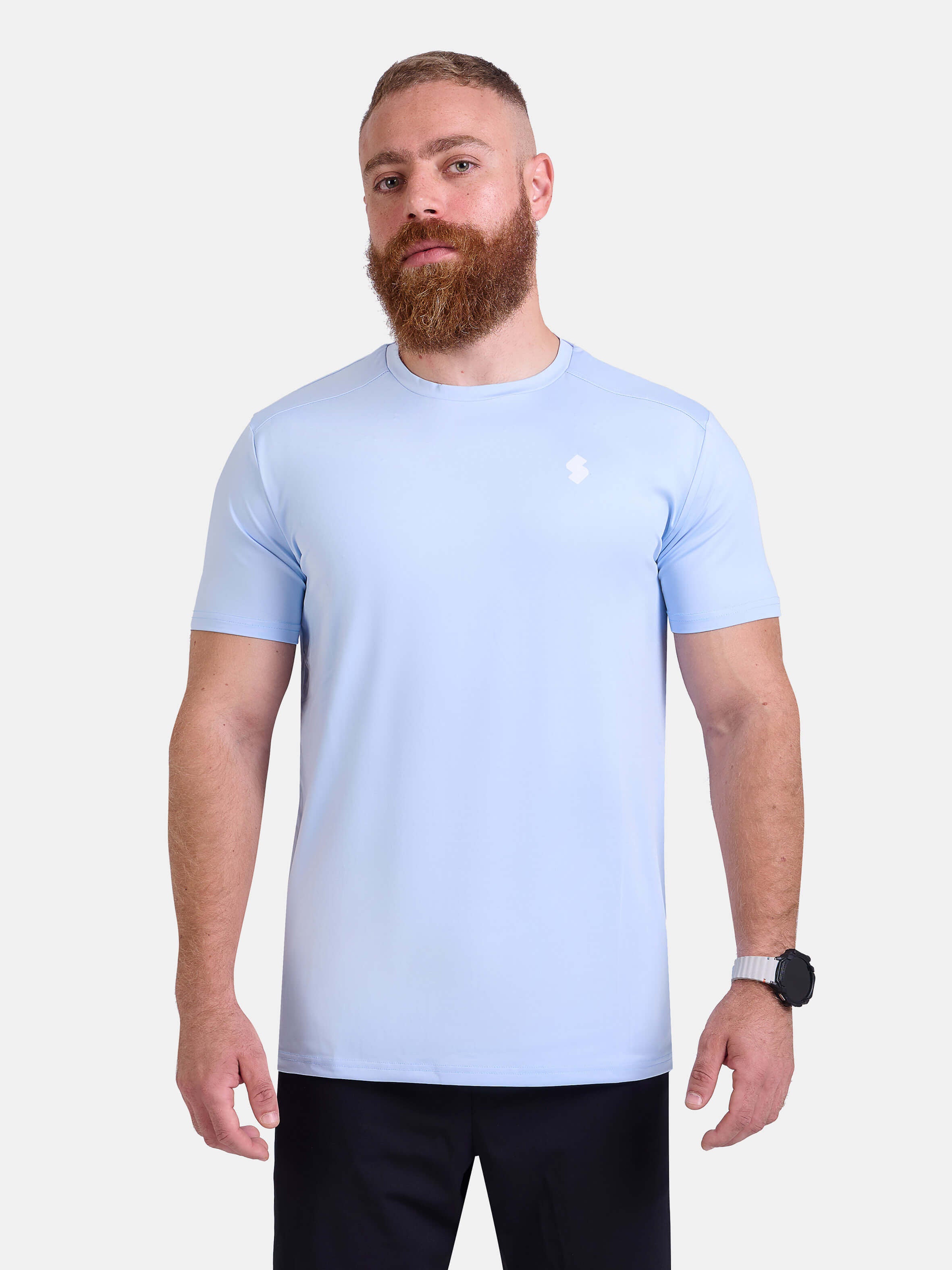 Man wearing light blue sports & gym t-shirt by KAF 