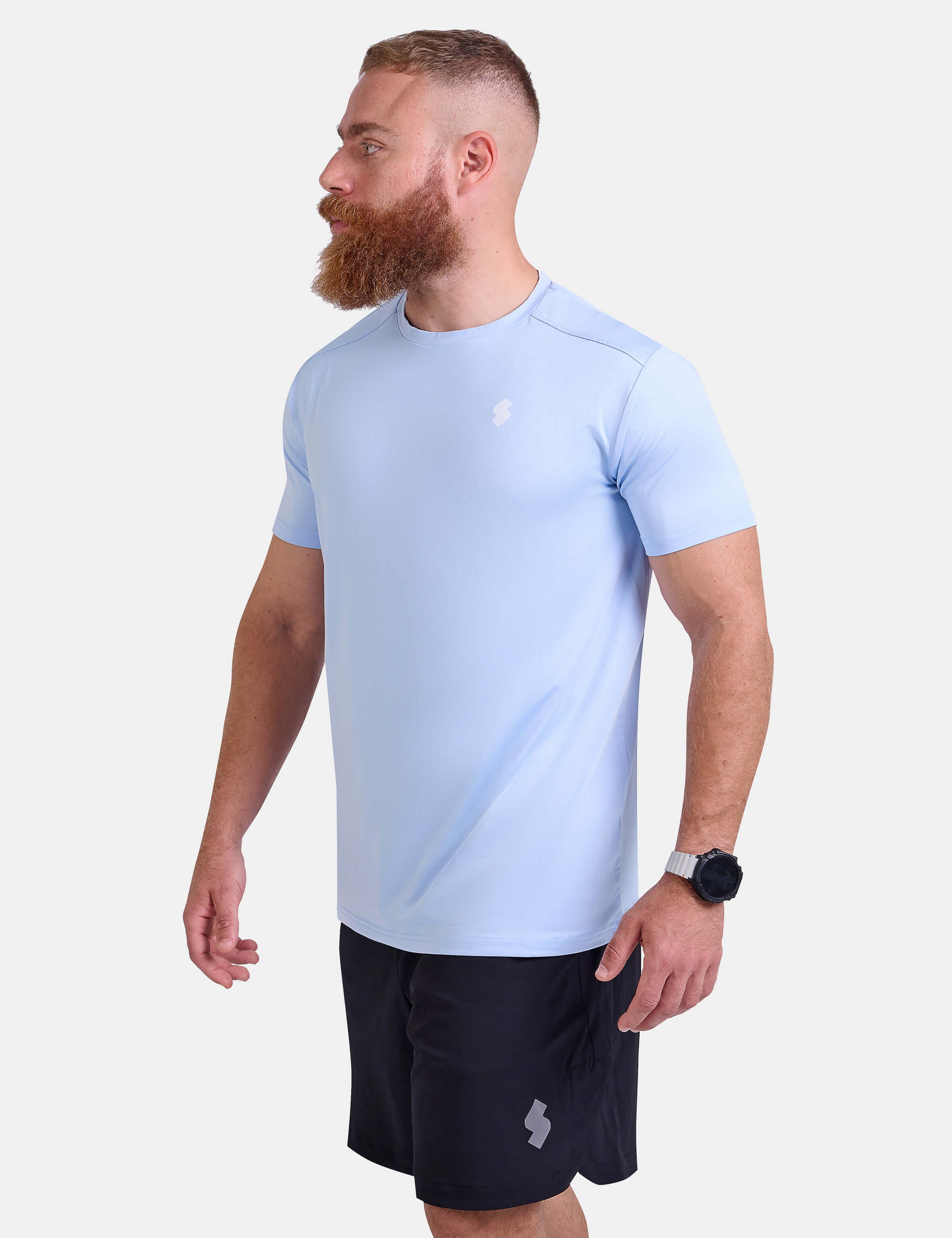 Man wearing light blue sports & gym t-shirt by KAF 