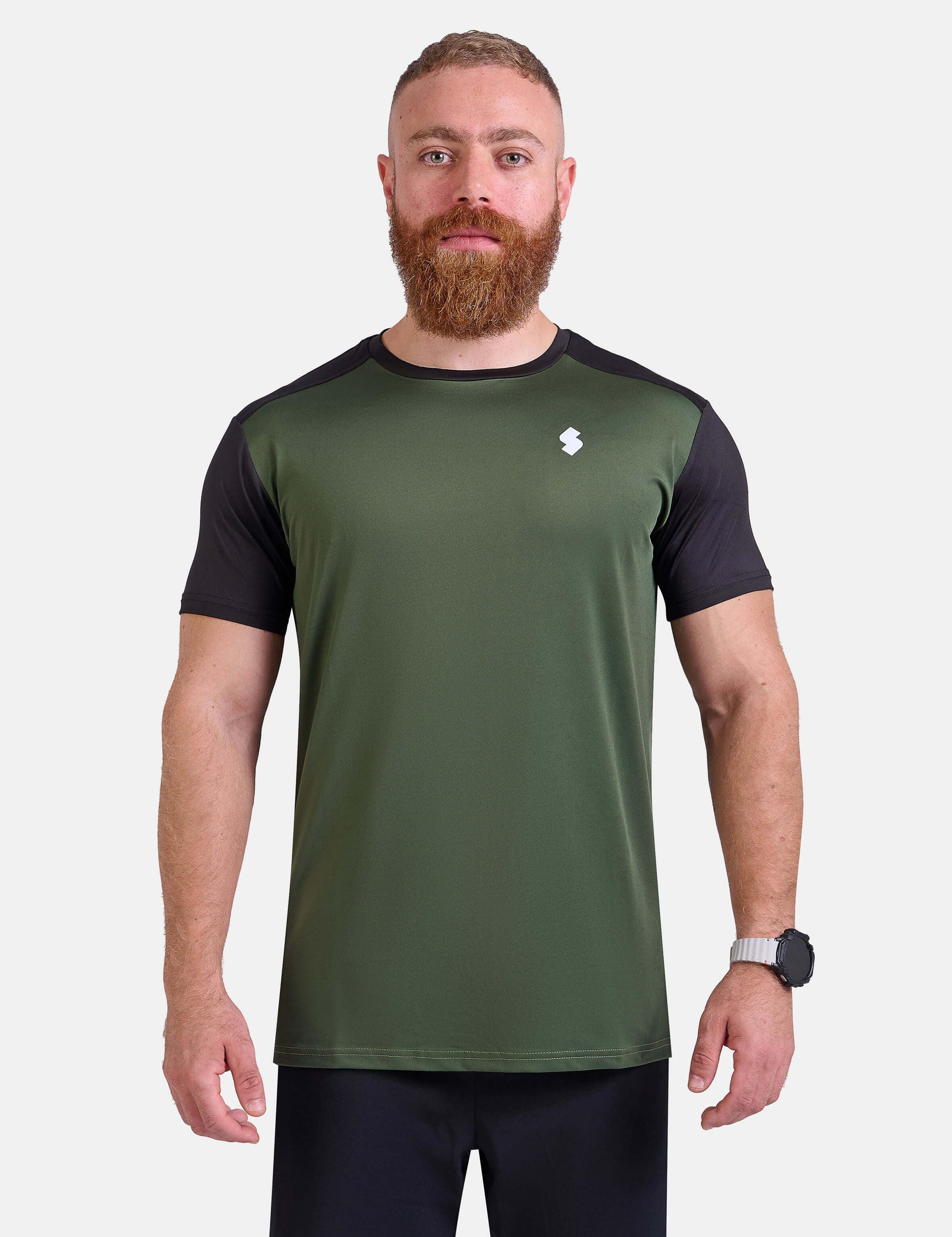 Man wearing black and green sports - gym - padel t-shirt by KAF Egypt