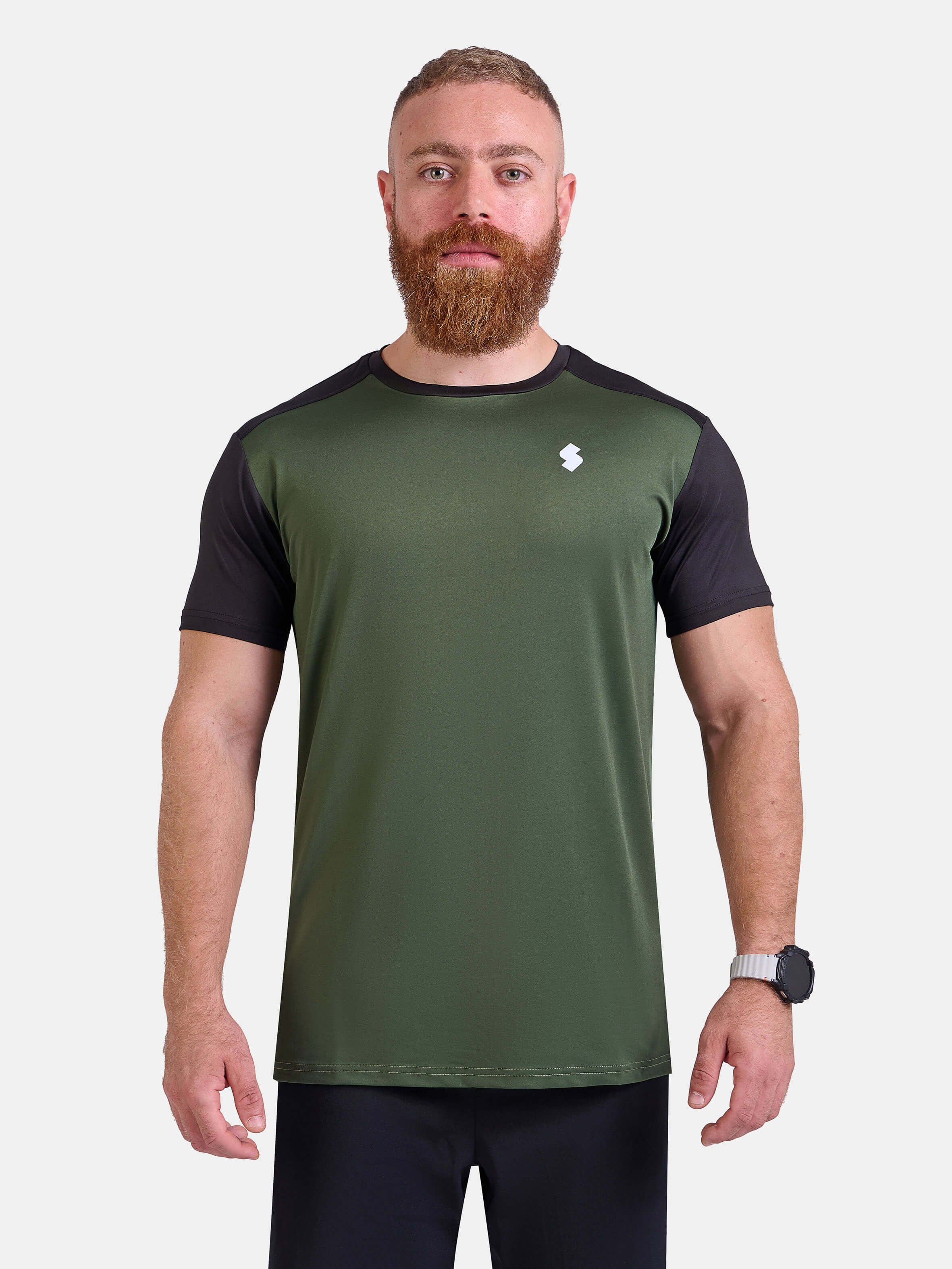 Man wearing black and green sports - gym - padel t-shirt by KAF Egypt