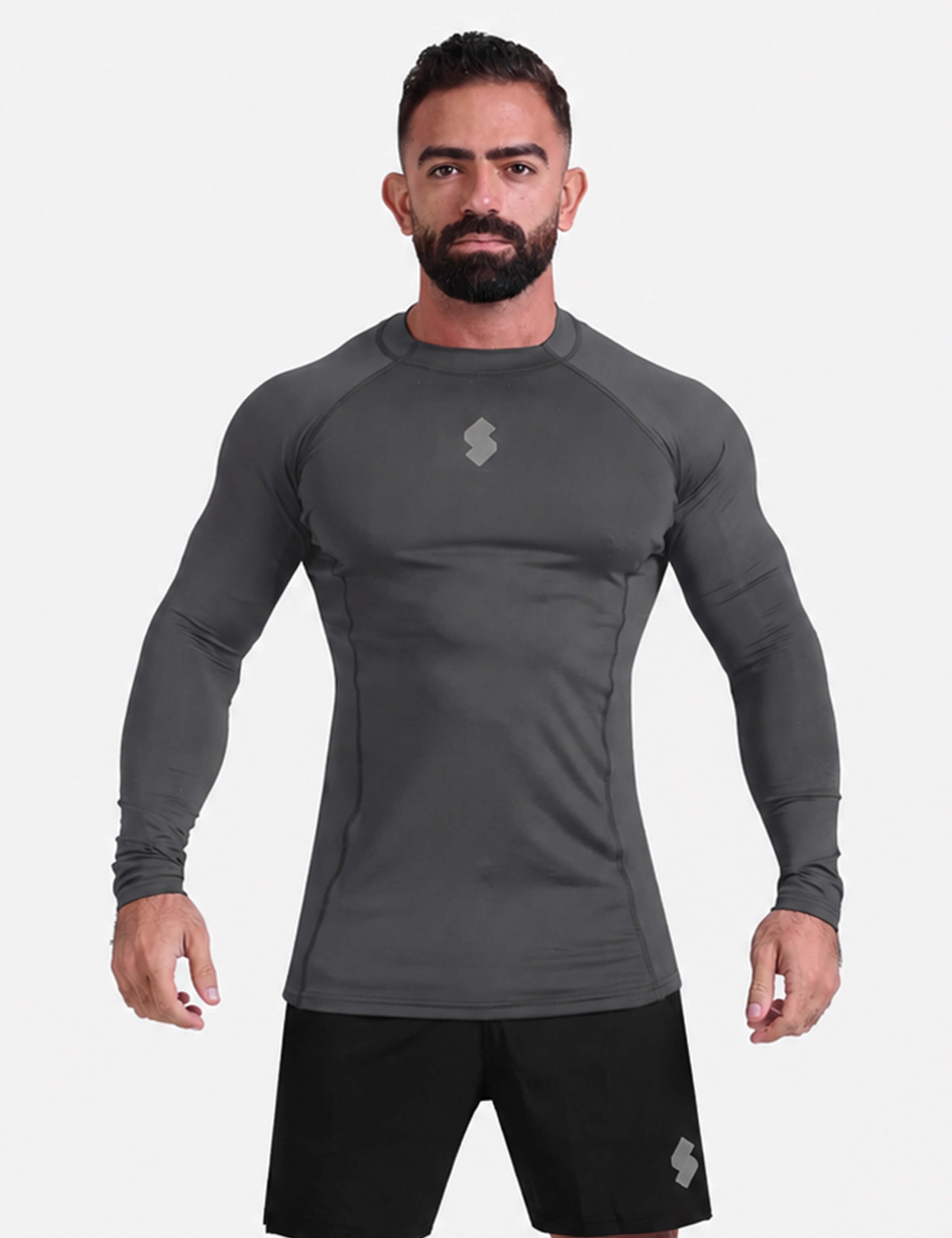 Gray long-sleeve athletic sports mma compression rash-guard shirt by KAF