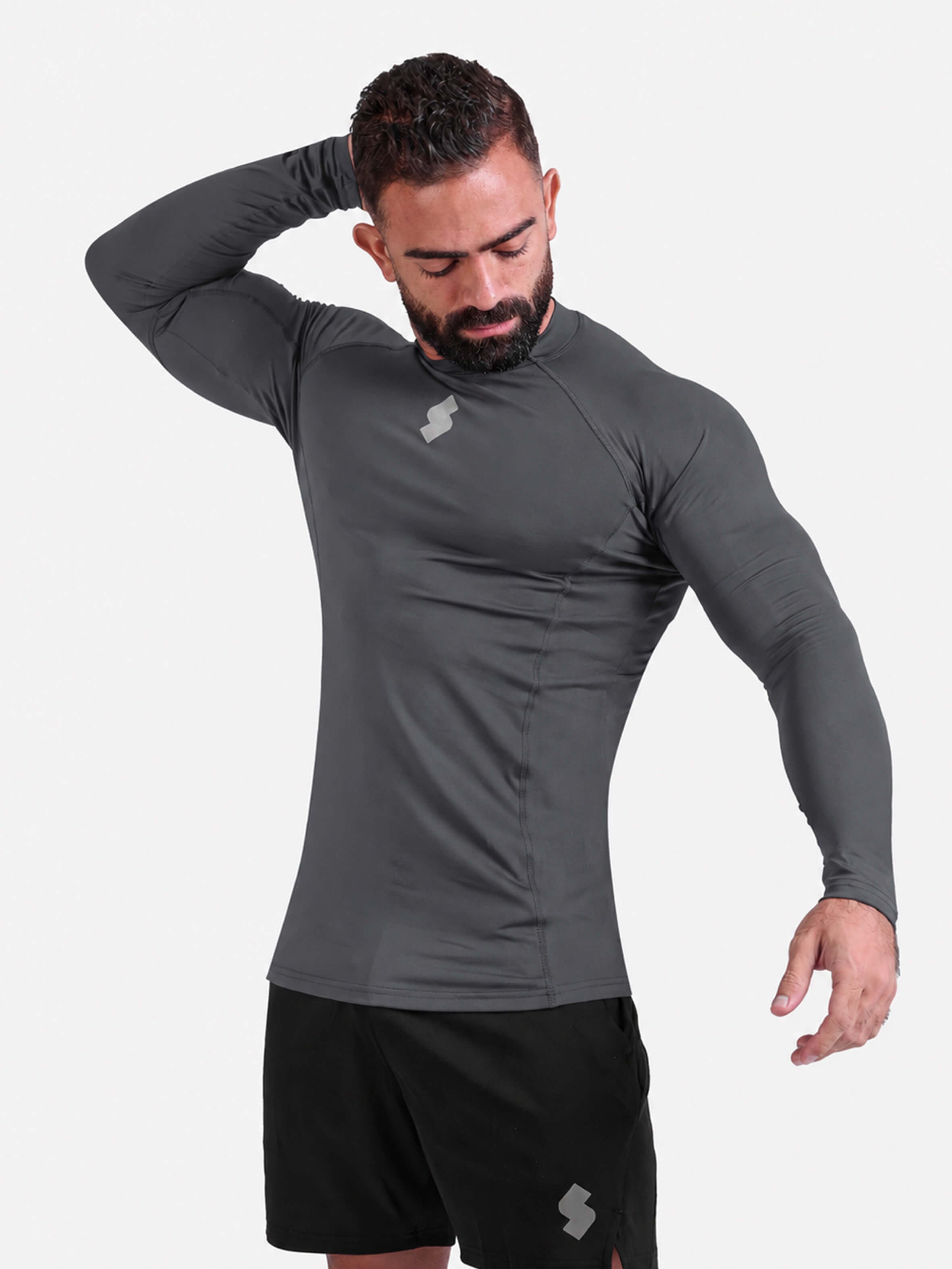 Gray long-sleeve athletic sports mma compression rash-guard shirt by KAF