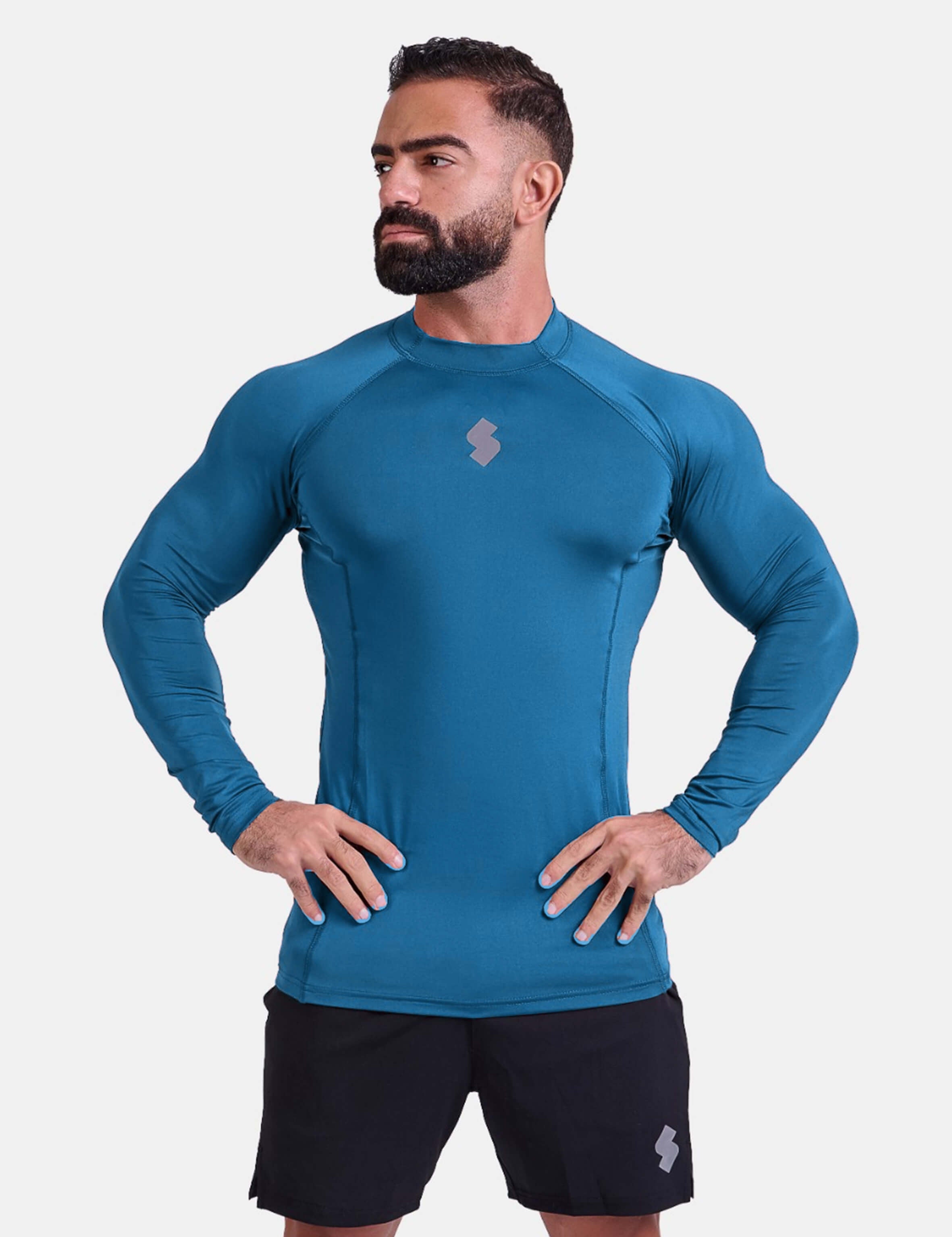 blue long-sleeve athletic sports mma compression rash-guard shirt by KAF