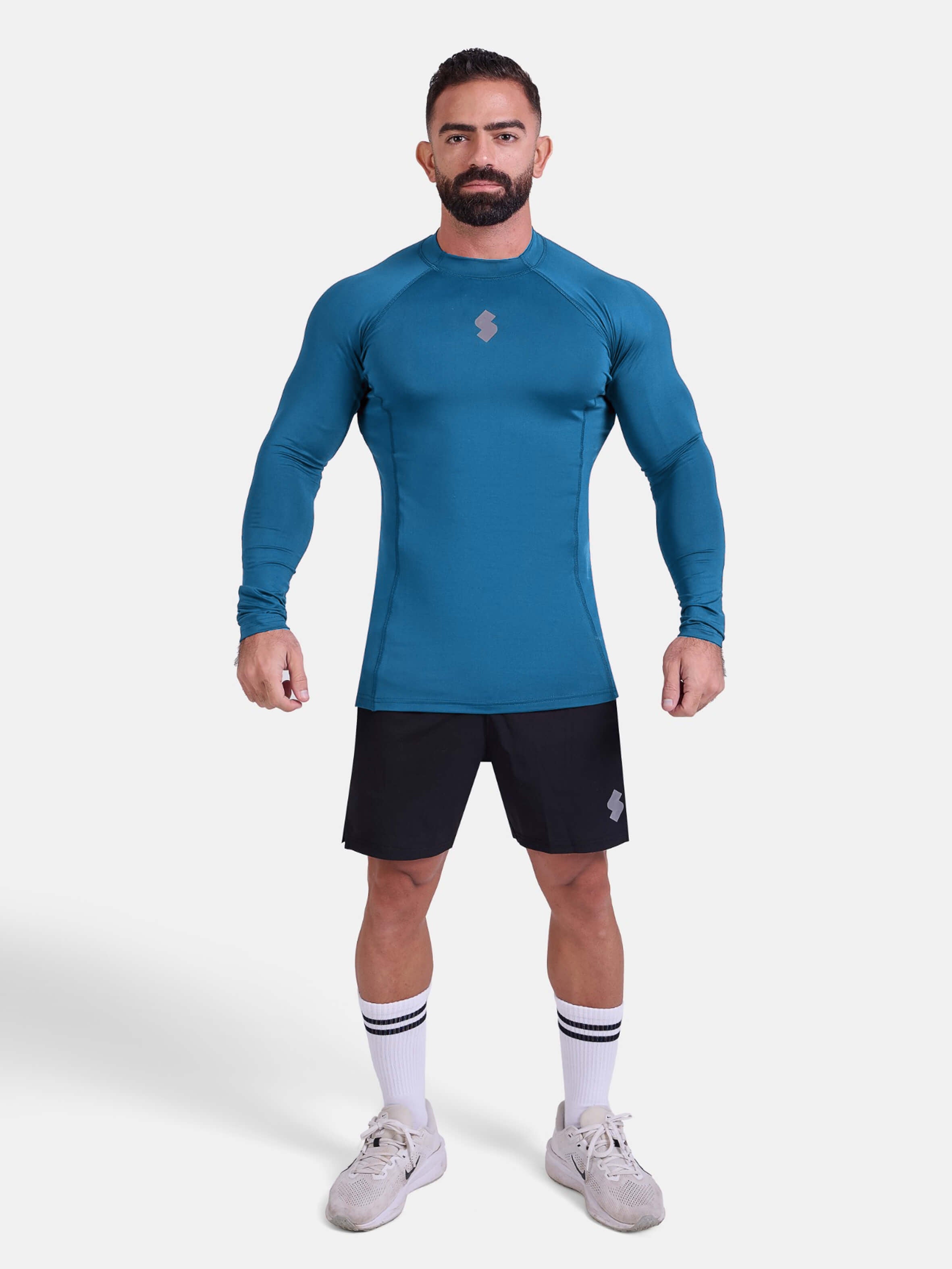blue long-sleeve athletic sports mma compression rash-guard shirt by KAF