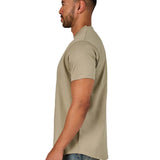 A male model wearing a raw-edged cotton crew neck t-shirt with short sleeves and a rounded hem.