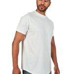 A male model wearing a white raw-edged cotton crew neck t-shirt with short sleeves and a rounded hem.