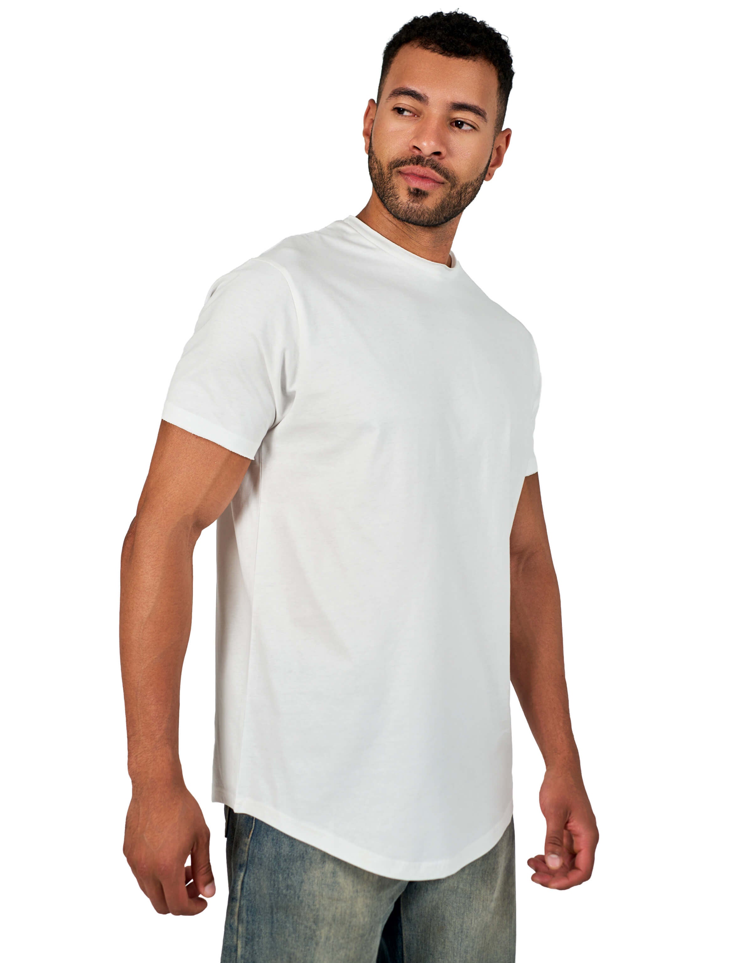 A male model wearing a white raw-edged cotton crew neck t-shirt with short sleeves and a rounded hem.