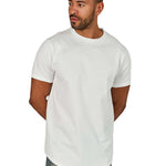 A male model wearing a white raw-edged cotton crew neck t-shirt with short sleeves and a rounded hem.