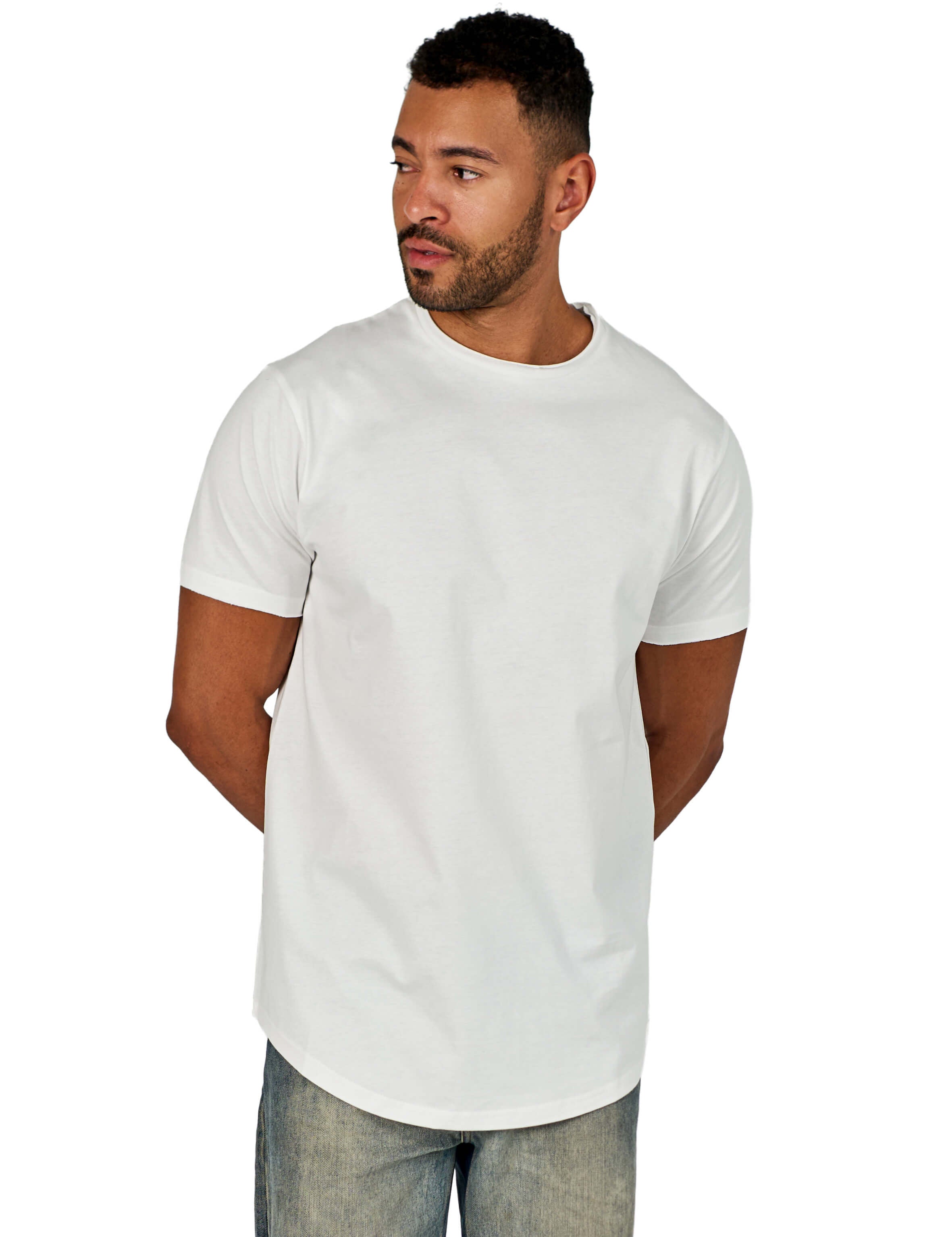 A male model wearing a white raw-edged cotton crew neck t-shirt with short sleeves and a rounded hem.