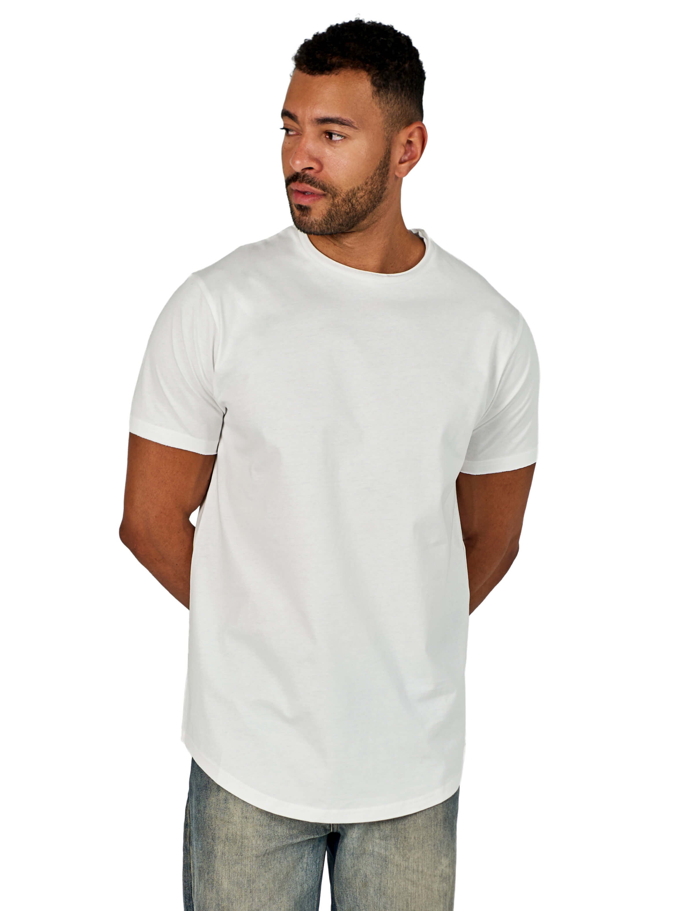 A male model wearing a white raw-edged cotton crew neck t-shirt with short sleeves and a rounded hem.