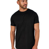 A male model wearing a black raw-edged cotton crew neck t-shirt with short sleeves and a rounded hem.
