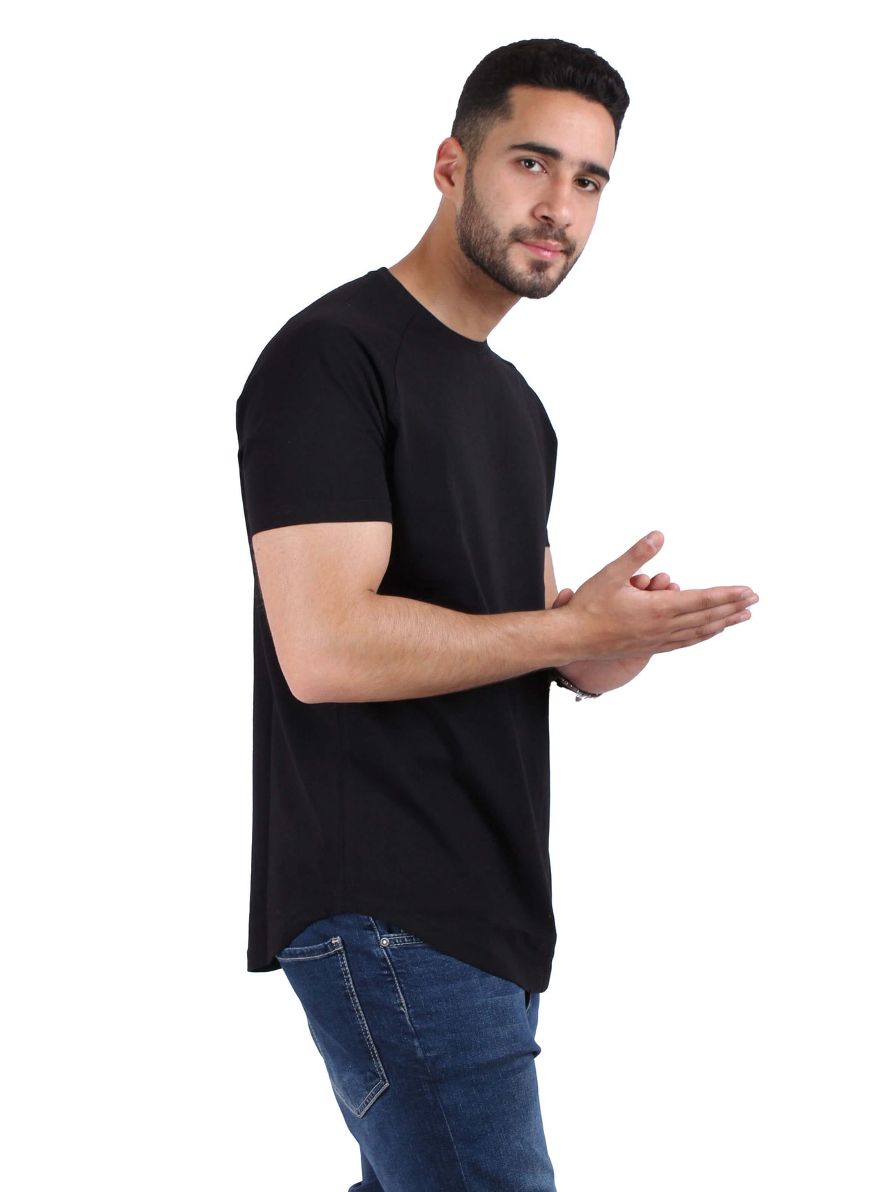 Solid Raglan Cotton Round T-Shirt Men - Black