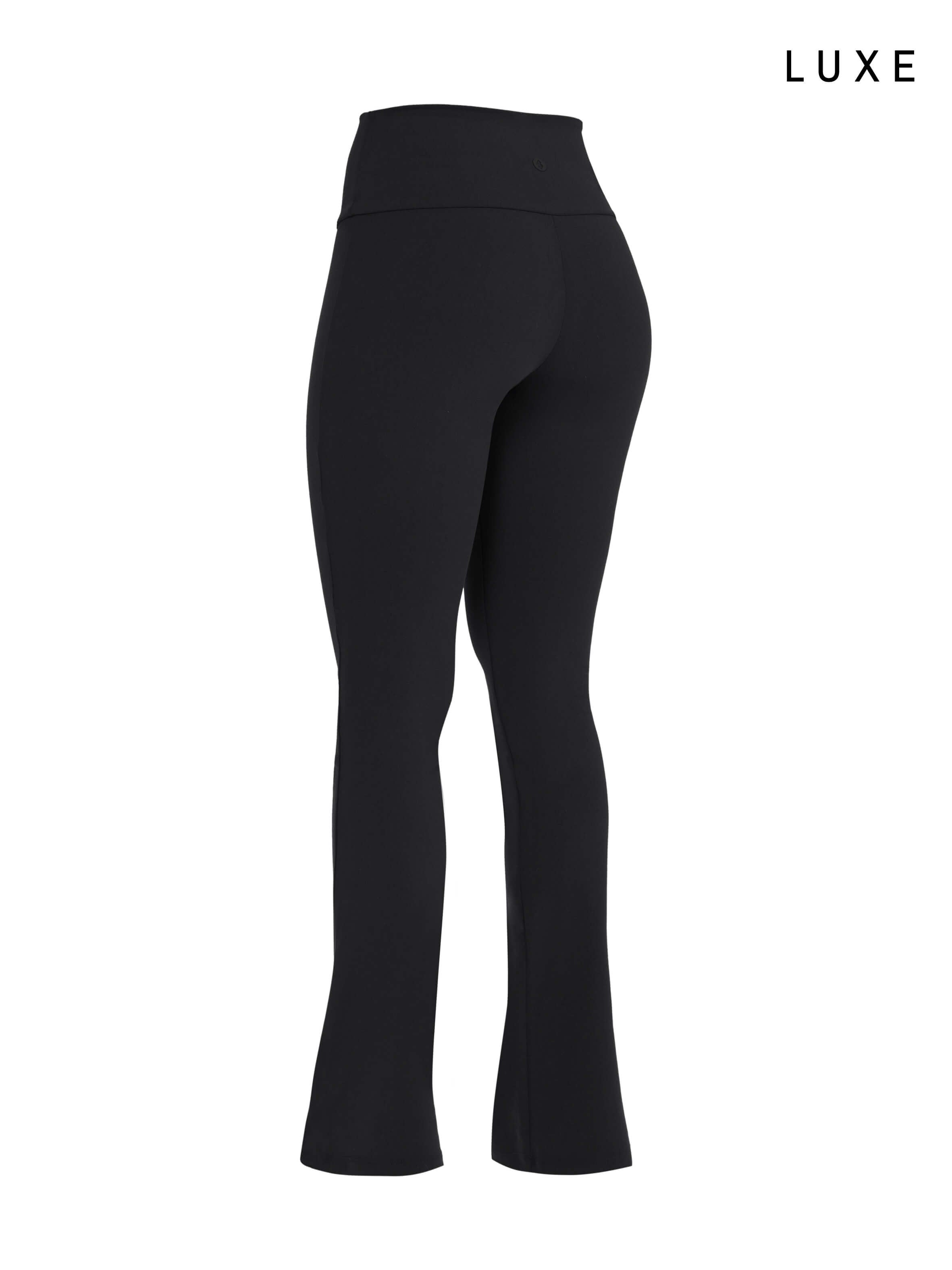 Black sports activewear buttery-soft flared pants by KAF on a white background with 'LUXE' branding.
