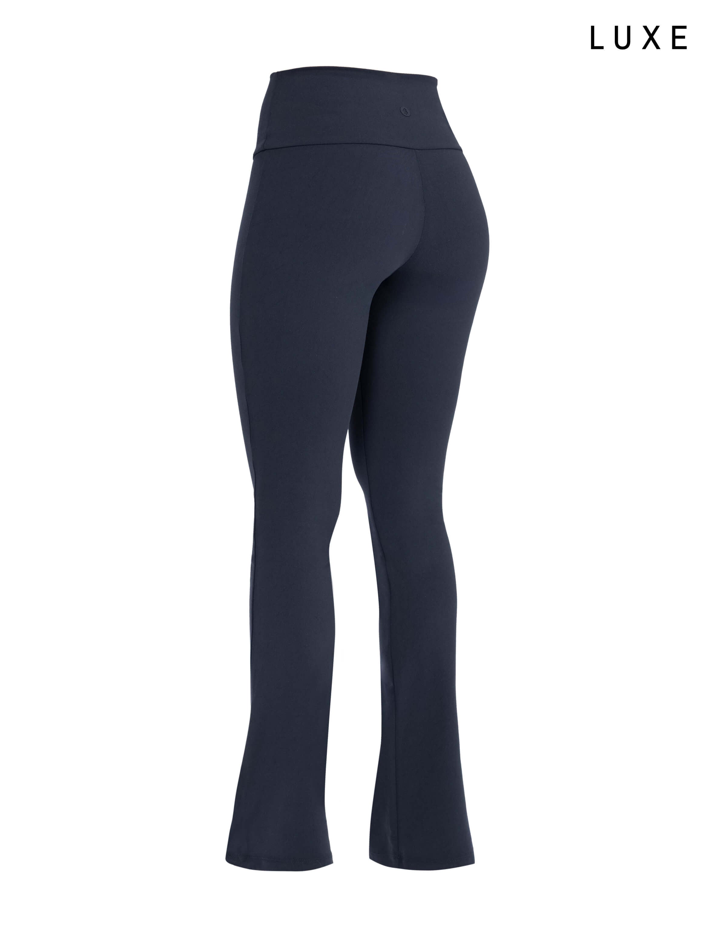 Navy blue sports activewear buttery-soft flared pants by KAF on a white background with 'LUXE' branding.