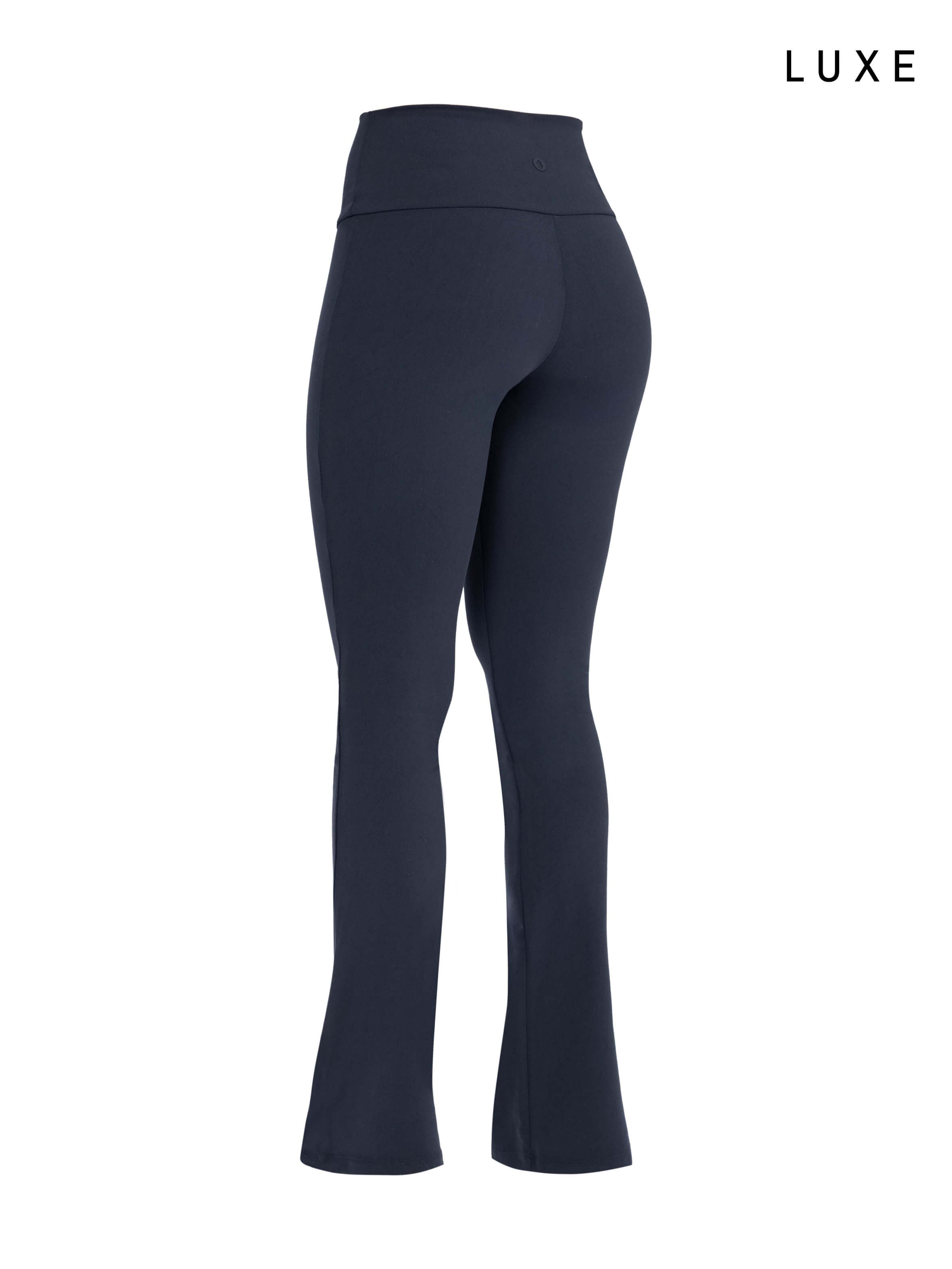 Navy blue sports activewear buttery-soft flared pants by KAF on a white background with 'LUXE' branding.