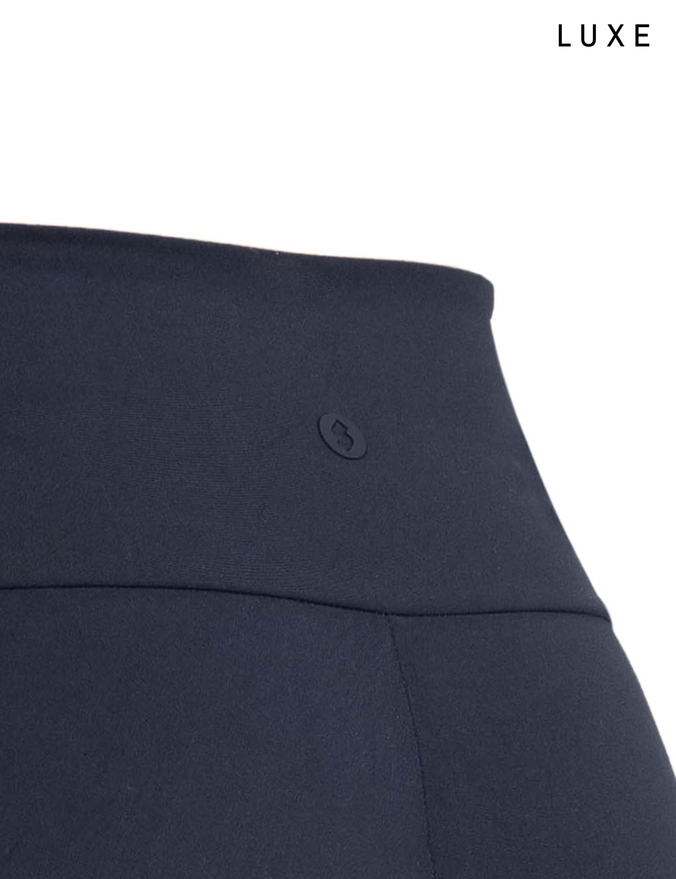 Navy blue sports activewear buttery-soft flared pants by KAF on a white background with 'LUXE' branding.